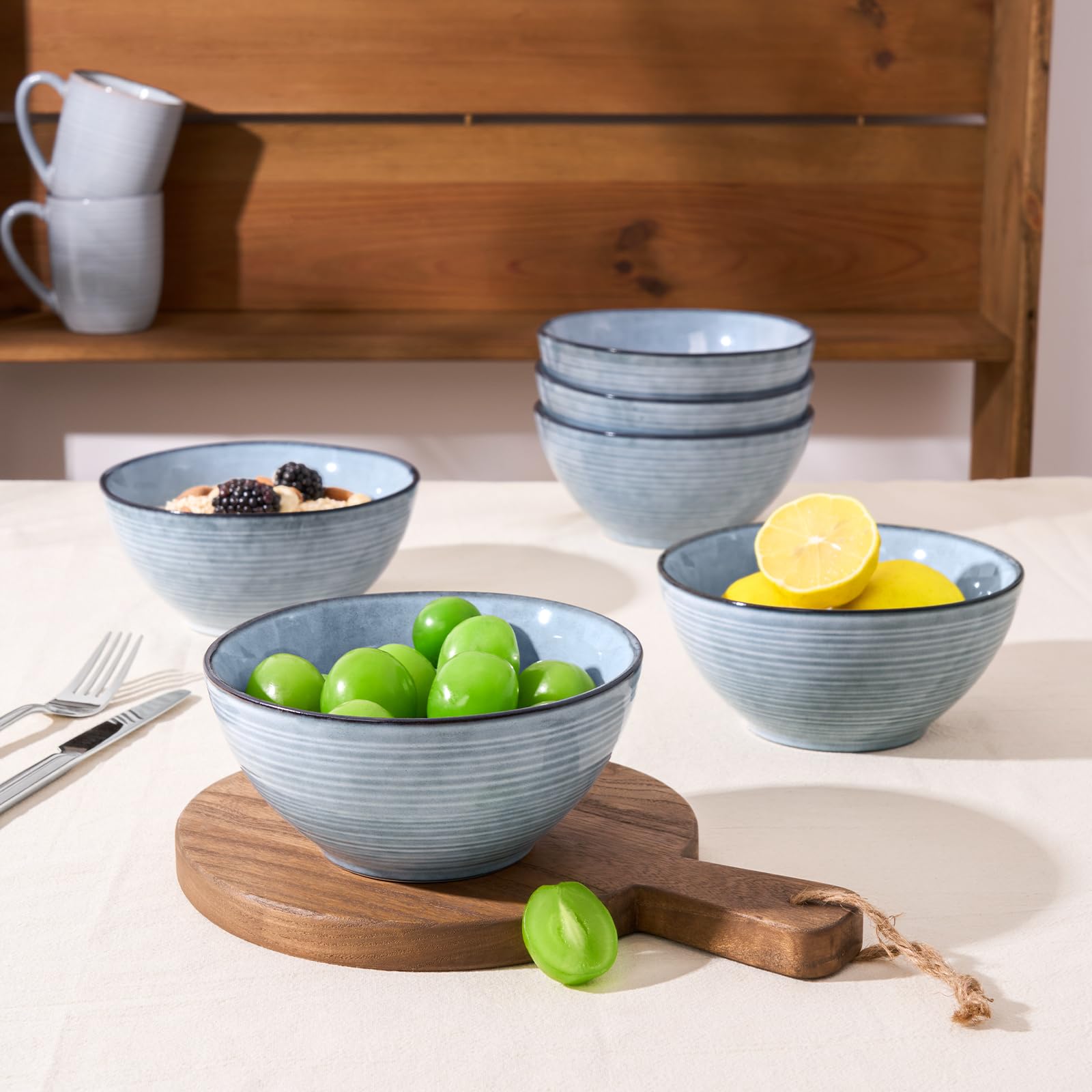 Famiware 12-Piece Stoneware Dinnerware Set for 4 - Pearl Blue Tempus Series | Reactive Glaze Plates & Bowls | Dishwasher & Microwave Safe | Perfect for Family Dinners, Entertaining Guests & Everyday Use