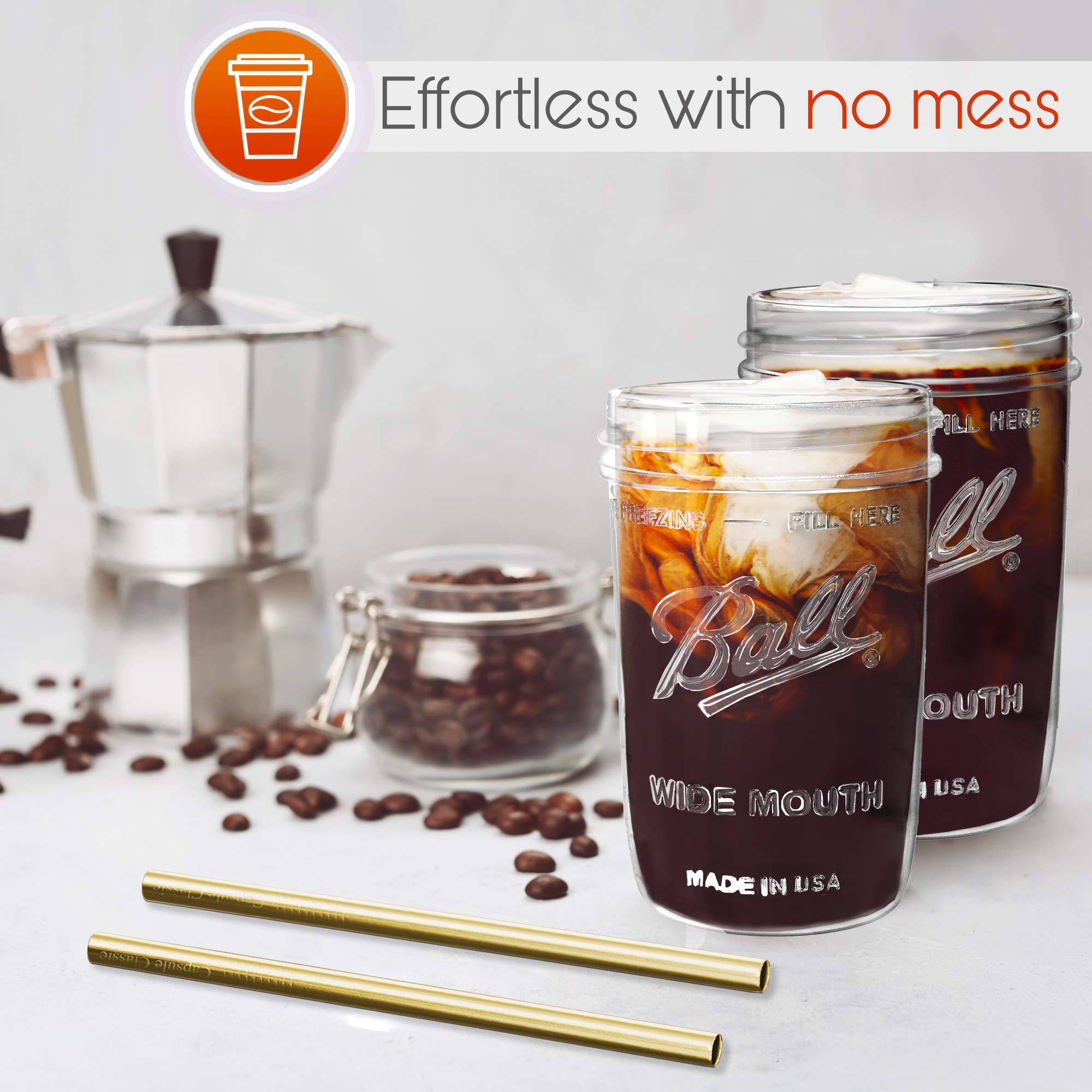 Reusable 16 oz Wide Mouth Mason Jars Glass Cups for Smoothies, Boba Tea & Bubble Tea - 2 Pack with Lids & Gold Straws | Perfect for Home, Office & Cafe Use | Capsule Classic Brand
