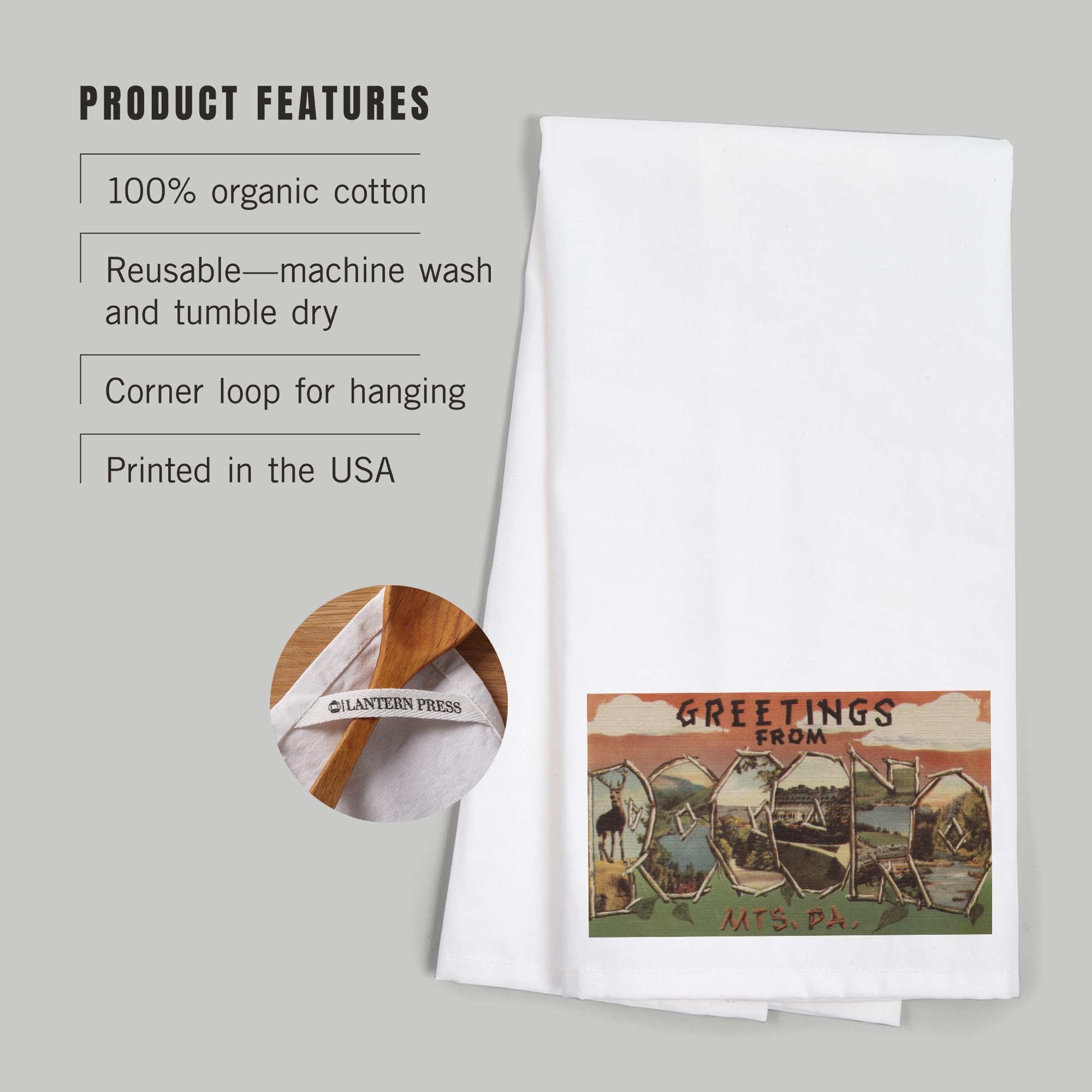 Lantern Press Greetings from Pocono Mountains Pennsylvania - 100% Cotton Tea Towel, Decorative Hand Towel for Kitchen & Home Decor - Perfect for Housewarming Gifts, Farmhouse Style Kitchens & Cozy Cabin Decor