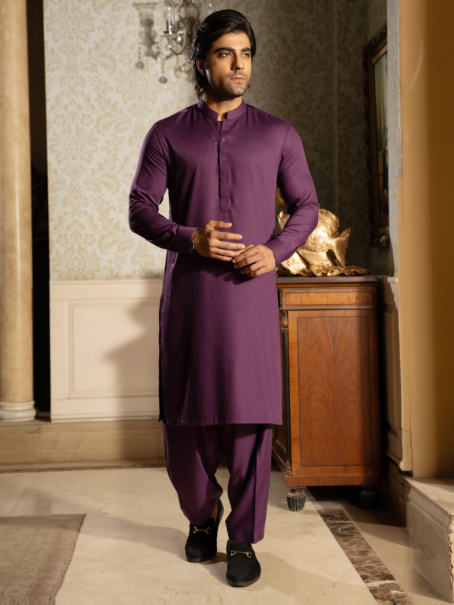 Blended Burberry Deep Purple Kurta Trouser by J. Junaid Jamshed - Elegant Ethnic Outfit for Weddings & Festive Occasions