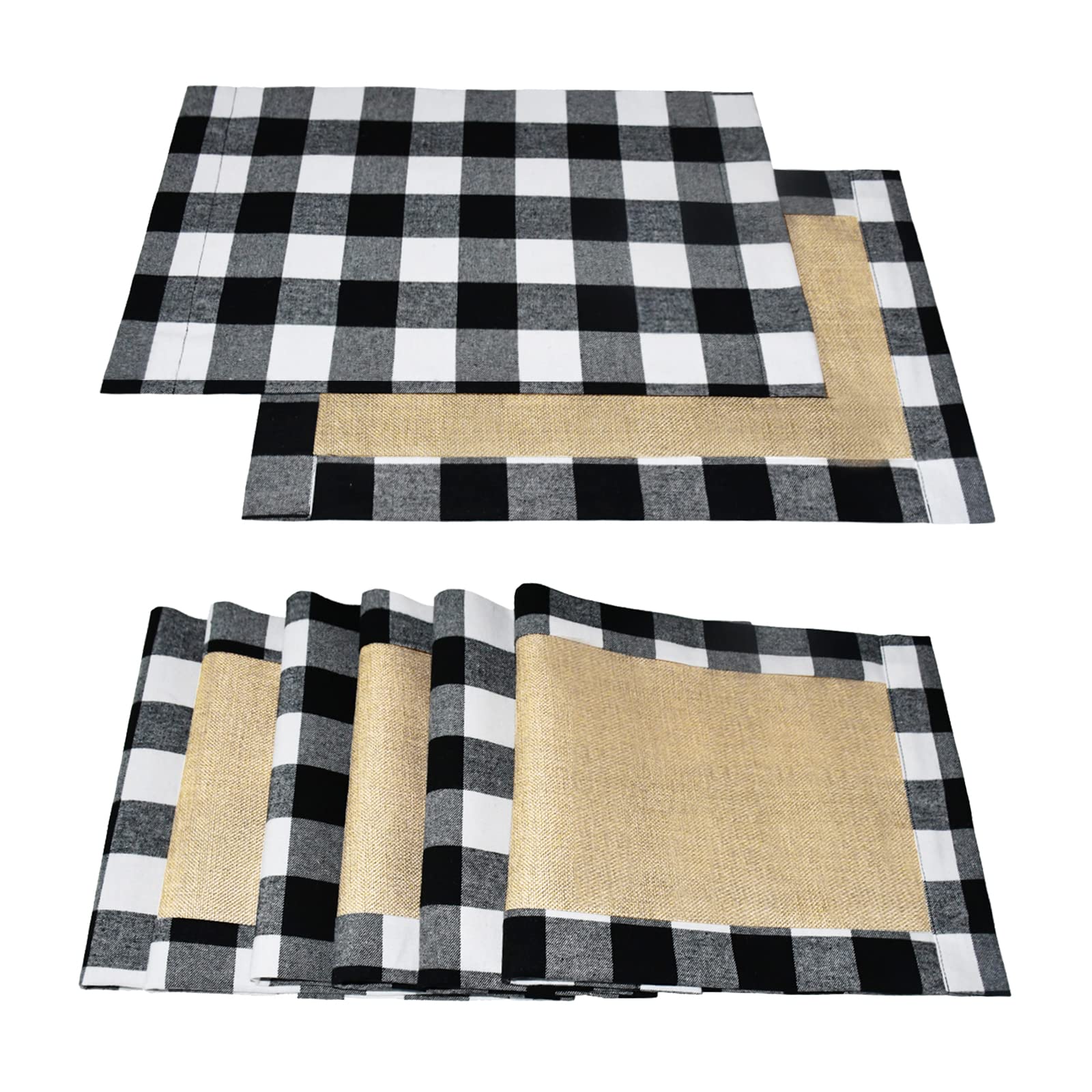 Senneny Set of 6 Christmas Placemats - Buffalo Check Black White Plaid Reversible Burlap & Cotton Table Mats for Holiday Dining Decor - Perfect for Christmas Dinner, Party, and Festive Home Decoration