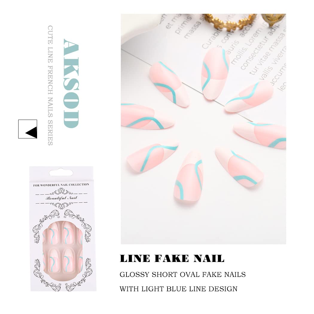 24Pcs Glossy Medium Fake Nails - Oval Blue Line Press on Nails with French Manicure Design, Full Cover Ballerina Patch Nails Tips for Women and Girls (Style E) | Perfect for Parties, Weddings, Date Nights & Special Occasions