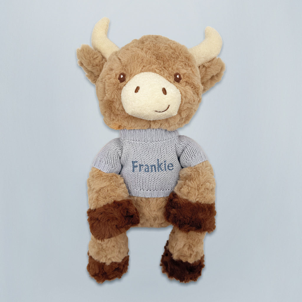 Personalized Harriet Highland Cow Welcome Baby Gift Basket - Blue | Newborn Baby Shower Gift, Nursery Decor, Unique Baby Present for Boys & Girls