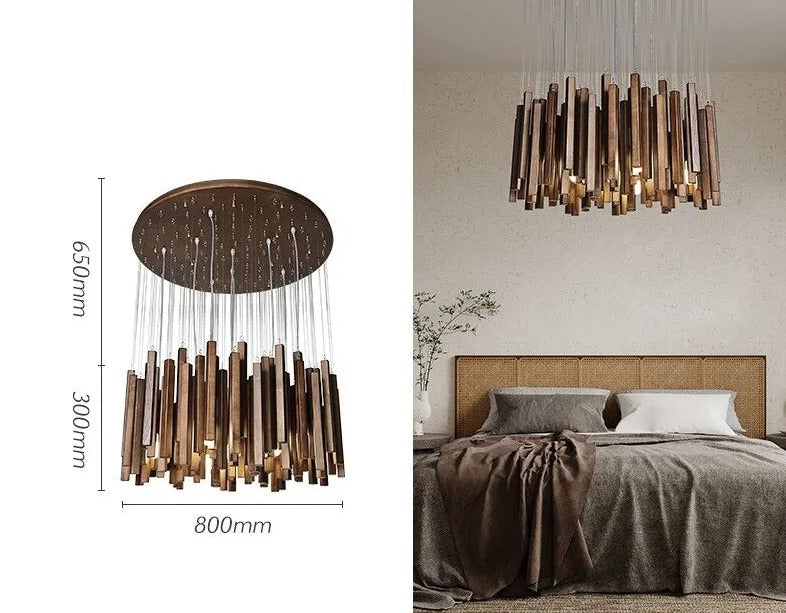Solid Oak Wood Hanging Chandelier - Rustic Farmhouse Ceiling Light Fixture for Dining Room, Kitchen Island & Bedroom Decor