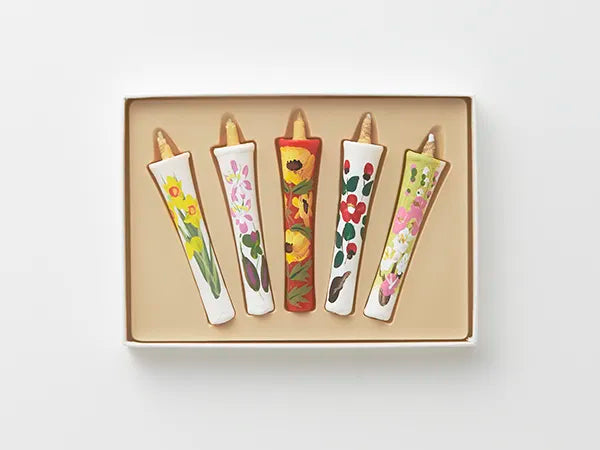 DAIYO Hand-Painted Floral Rice Wax Candles - 5-Piece Set | Japanese Wa Rousoku Traditional Candles for Home Decor, Meditation & Aromatherapy