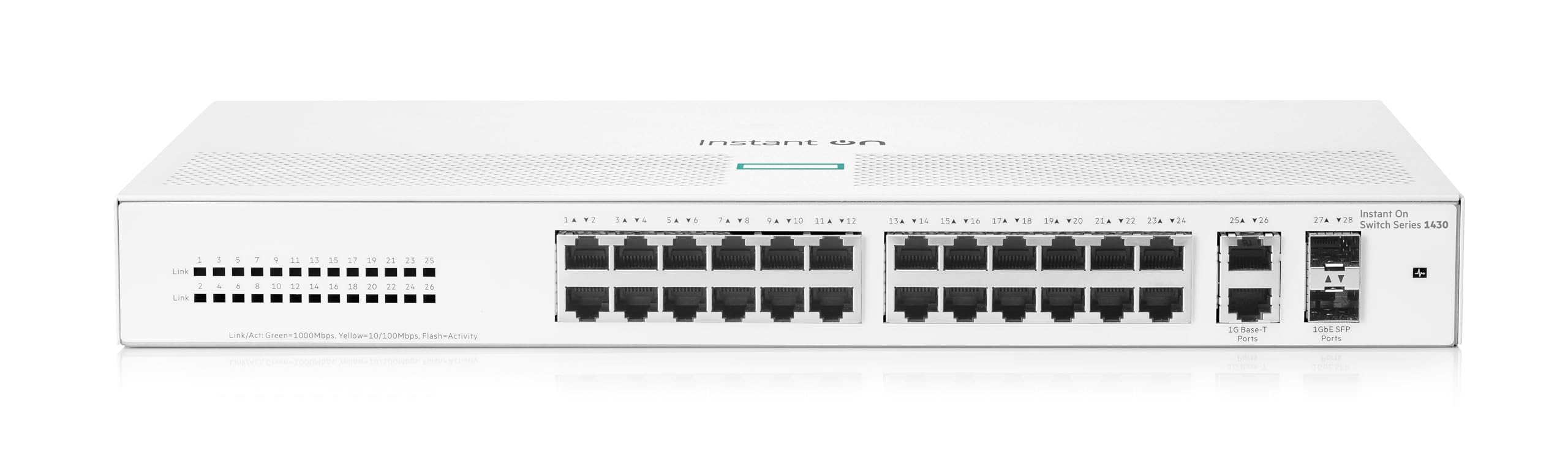 HPE Networking Instant On 1430 26-Port Gigabit Unmanaged Layer 2 Ethernet Switch | 26x 1G Ports + 2x SFP Uplinks | Fanless Design | US Power Cord (R8R50A#ABA) | Ideal for Small Business Networks & Home Office Setups