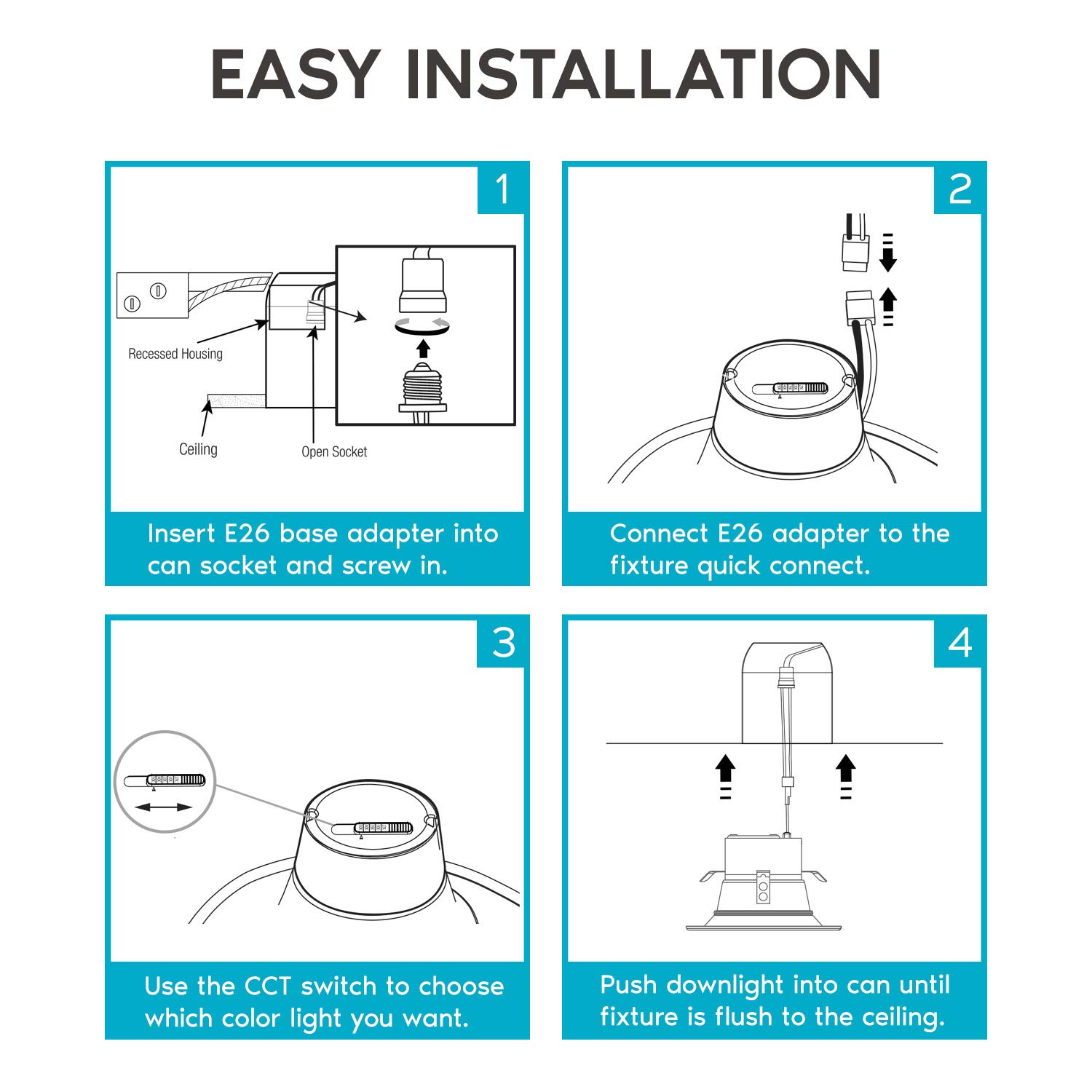 LUXRITE 4 Inch LED Recessed Can Lights - 10W (60W Equivalent) - Color Selectable 2700K-5000K - Dimmable Retrofit Downlights - 750 Lumens - Energy Star & Wet Rated - Black Trim (4 Pack) - Perfect for Kitchens, Bathrooms & Living Rooms