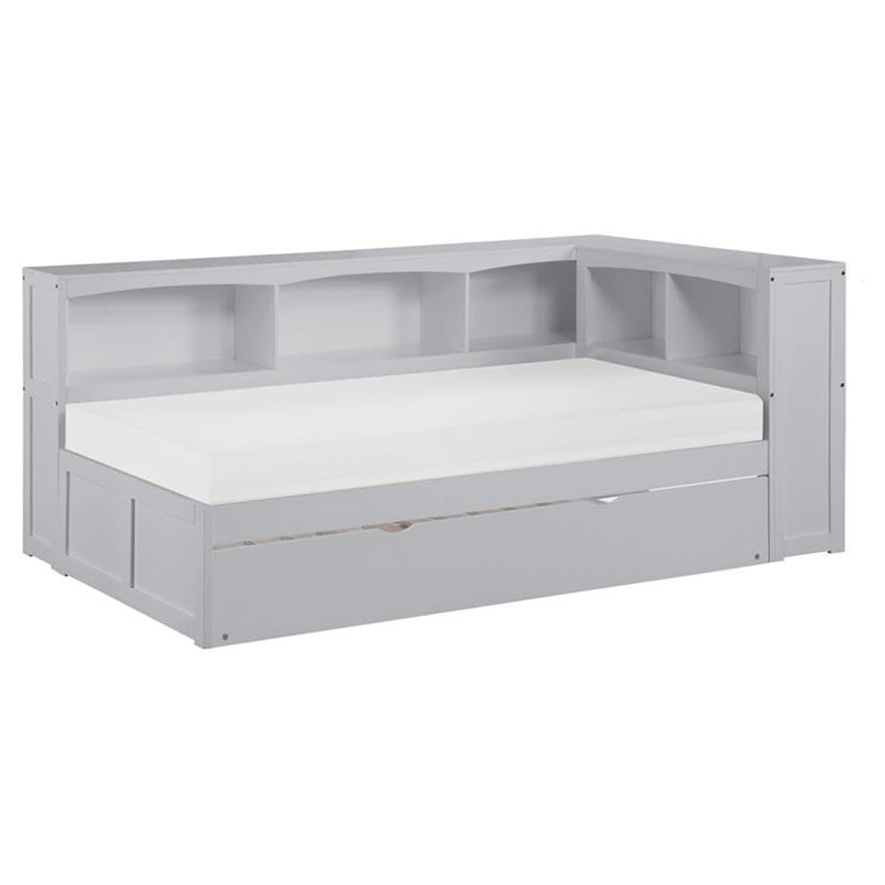 Lexicon Orion 5-Shelf Wooden Twin Bookcase Corner Bed with Trundle - Gray Space-Saving Kids Bedroom Furniture for Small Rooms & Dorm Organization