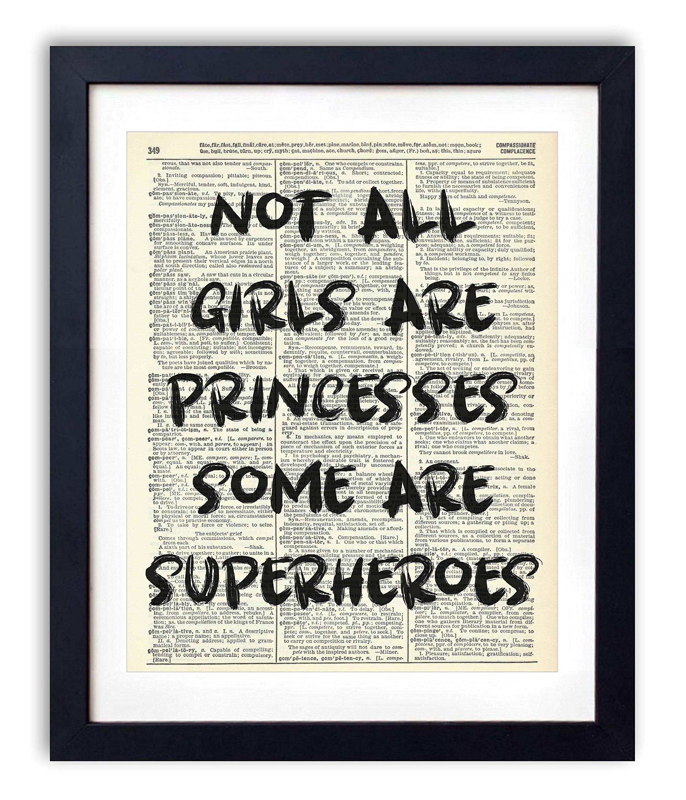 Vintage Dictionary Art Print - Not All Girls Are Princesses Some Are Superheroes - 8x10 Inch Wall Decor for Girls Bedroom, Nursery & Kids Room - Neutral Aesthetic Poster Ready to Frame - Perfect for Inspirational Decor & Gift Giving