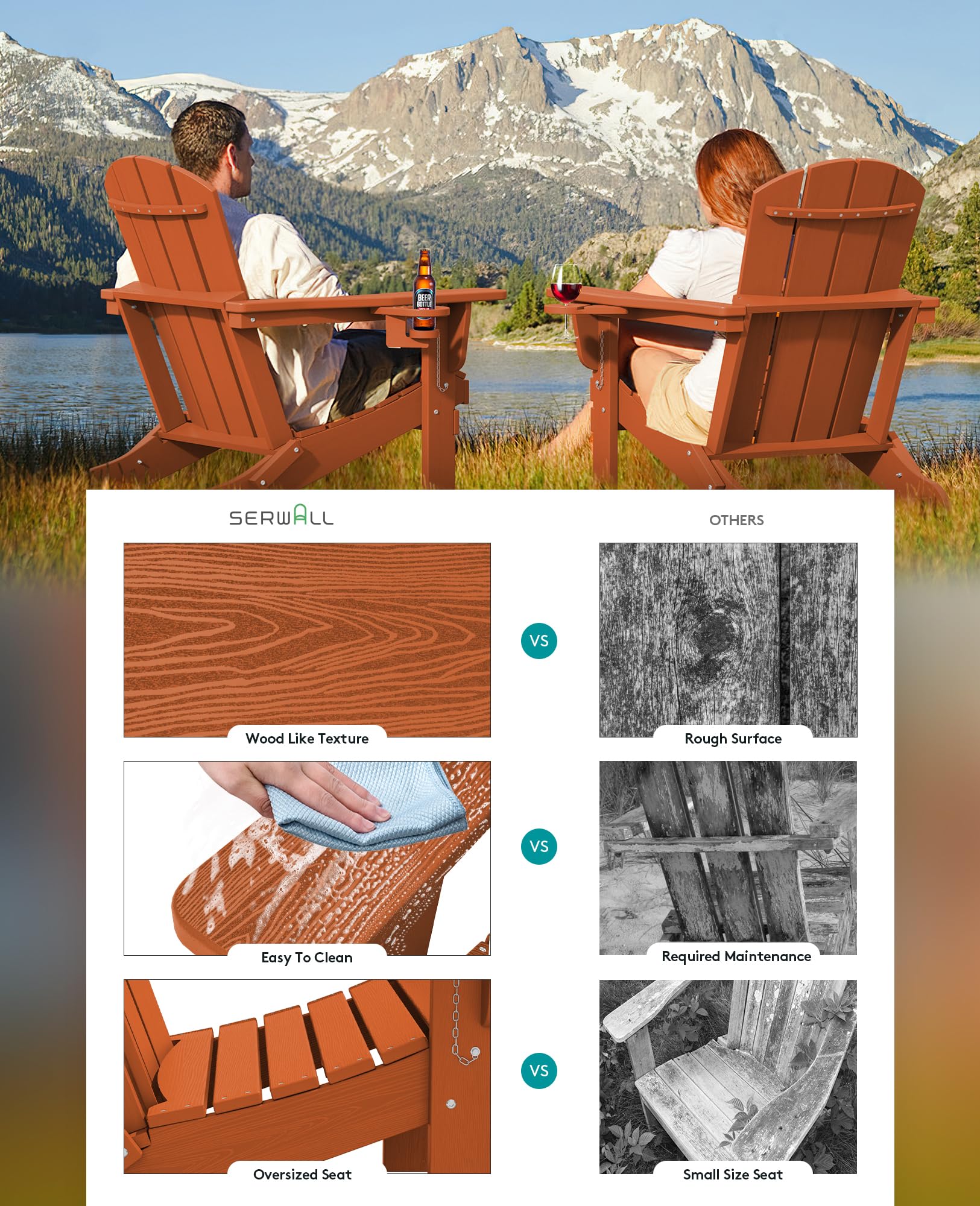 Premium SERWALL Adirondack Chair with Cup Holders - Durable HDPE Composite Outdoor Patio Furniture - All-Weather Resistant - Orange - Perfect for Backyard, Garden, Poolside & Deck Relaxation