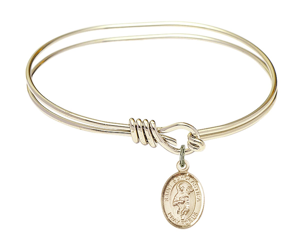 F A Dumont 5 3/4 Inch Oval Eye Hook Bangle Bracelet with St. Scholastica Charm - Elegant Religious Jewelry for Women, Perfect for Church, Weddings & Daily Wear