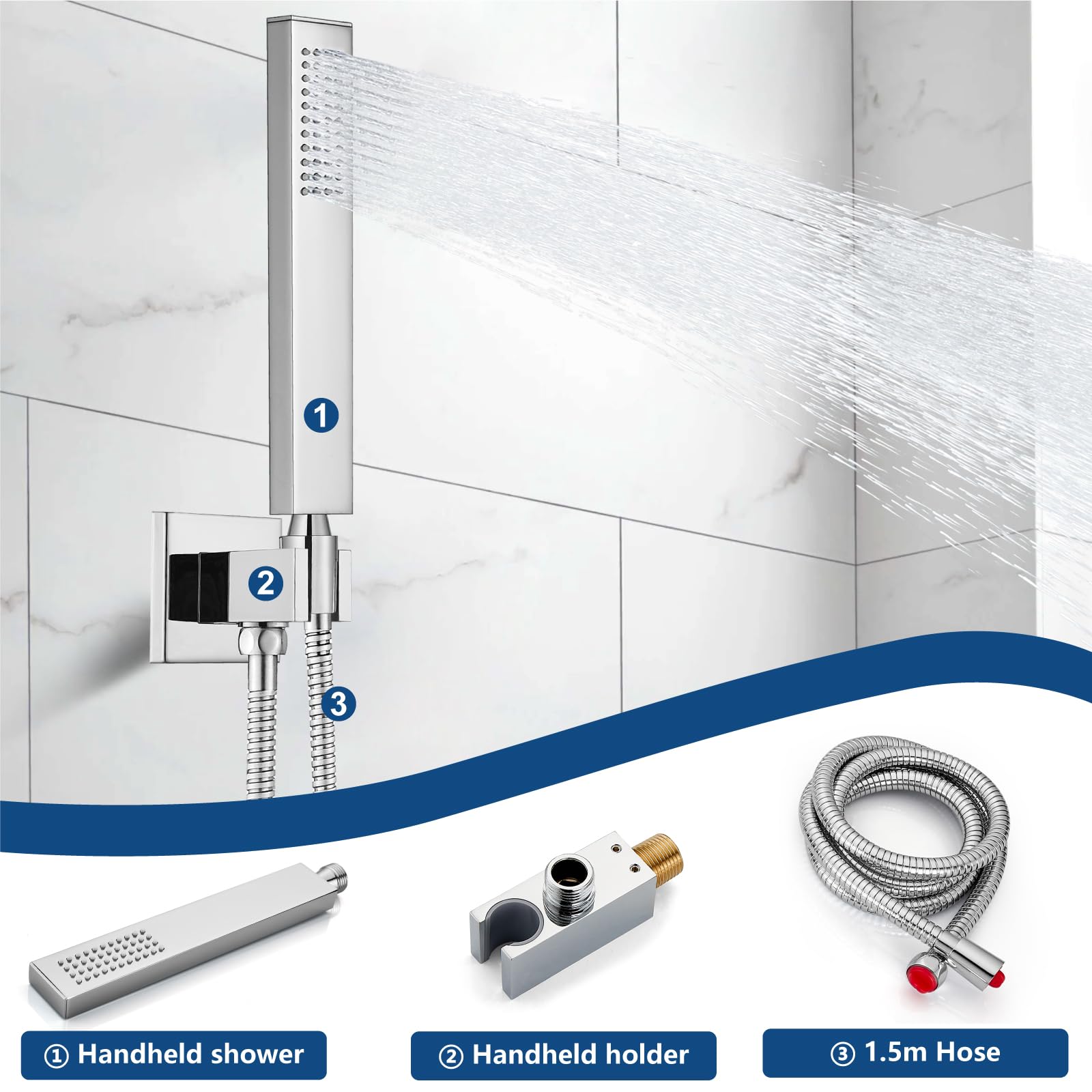 Midanya 12 Inch Square Rainfall Shower System - Wall Mount Shower Faucet Set with Hand Sprayer, Rough-in Valve Trim Kit & Bathroom Mixer - Polish Chrome Finish for Luxurious Spa-Like Shower Experience