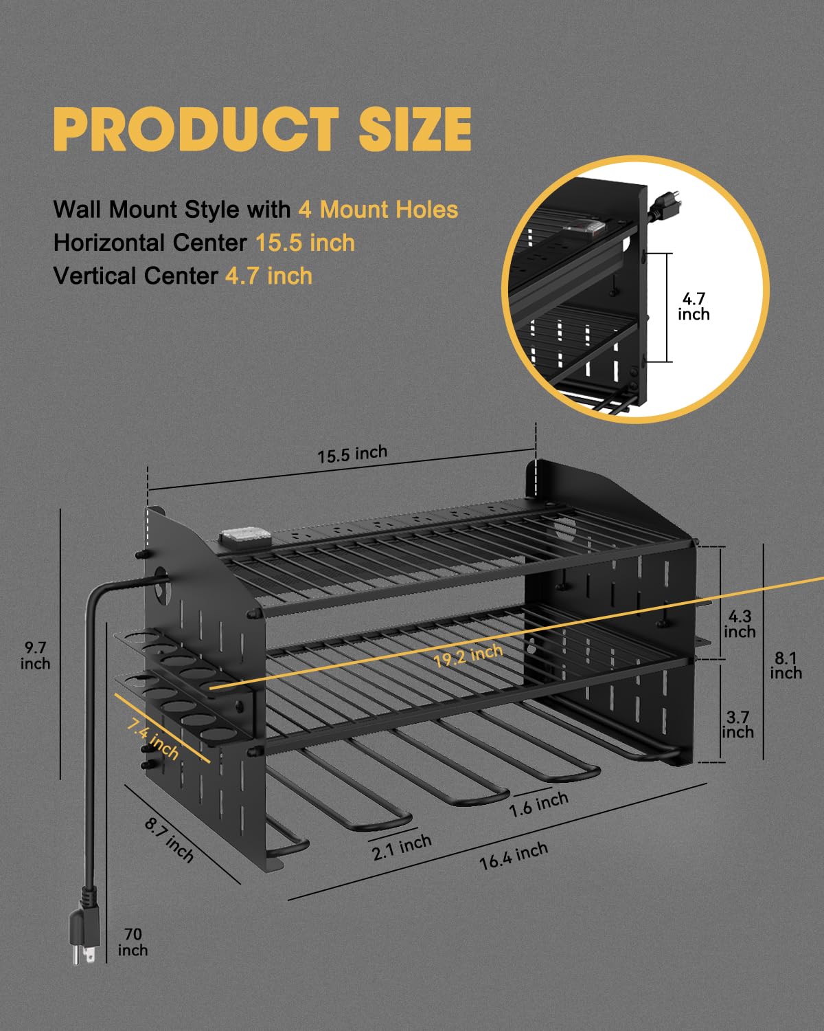 3-Tier Wall Mount Power Tool Charging Station with 6 AC Outlets - Heavy Duty Garage Organizer for Drills & Tools | Perfect for Workshop, DIY Projects & Home Garage Storage
