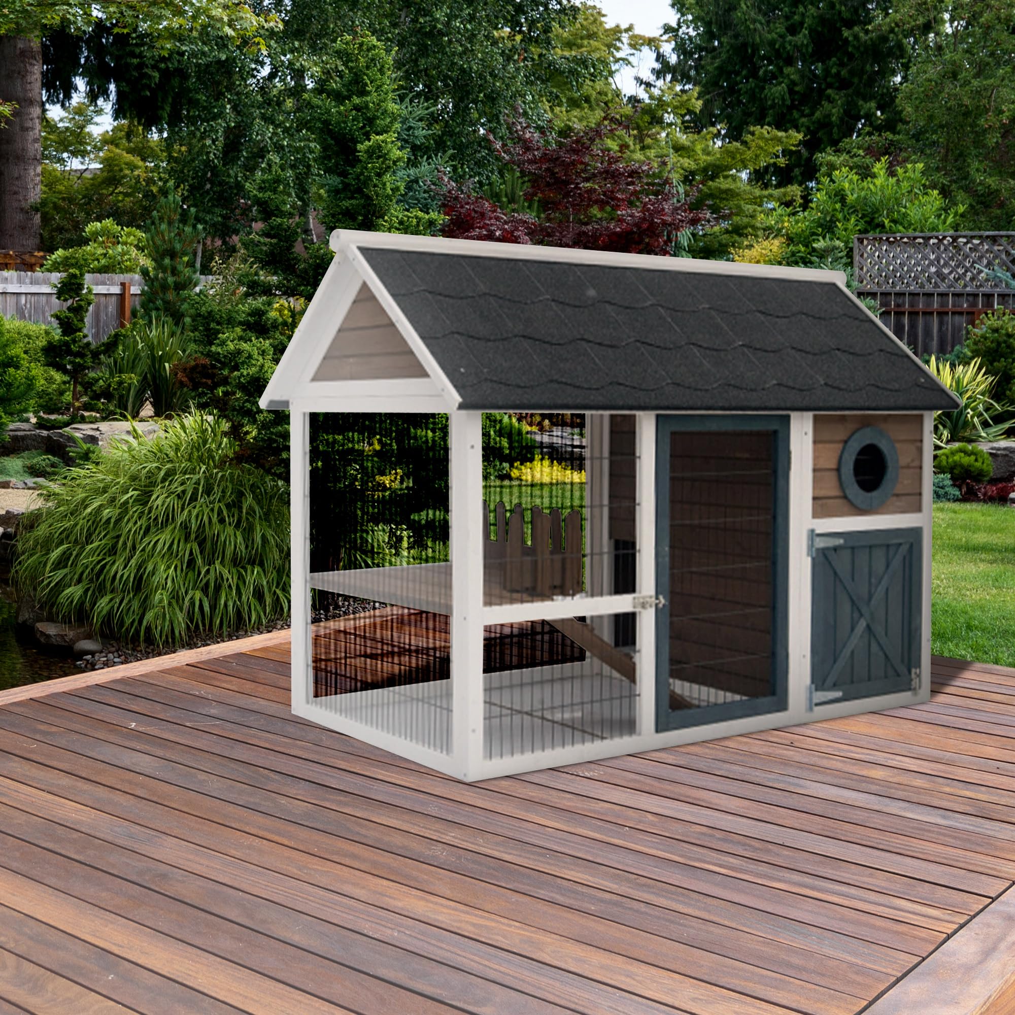 Old Fashioned 2-Story Rabbit Hutch with Asphalt Roof - Outdoor Bunny Barn for Roaming & Play | Easy-Clean Pull-Out Metal Tray | Perfect for Backyard Rabbit Housing & Pet Play Area