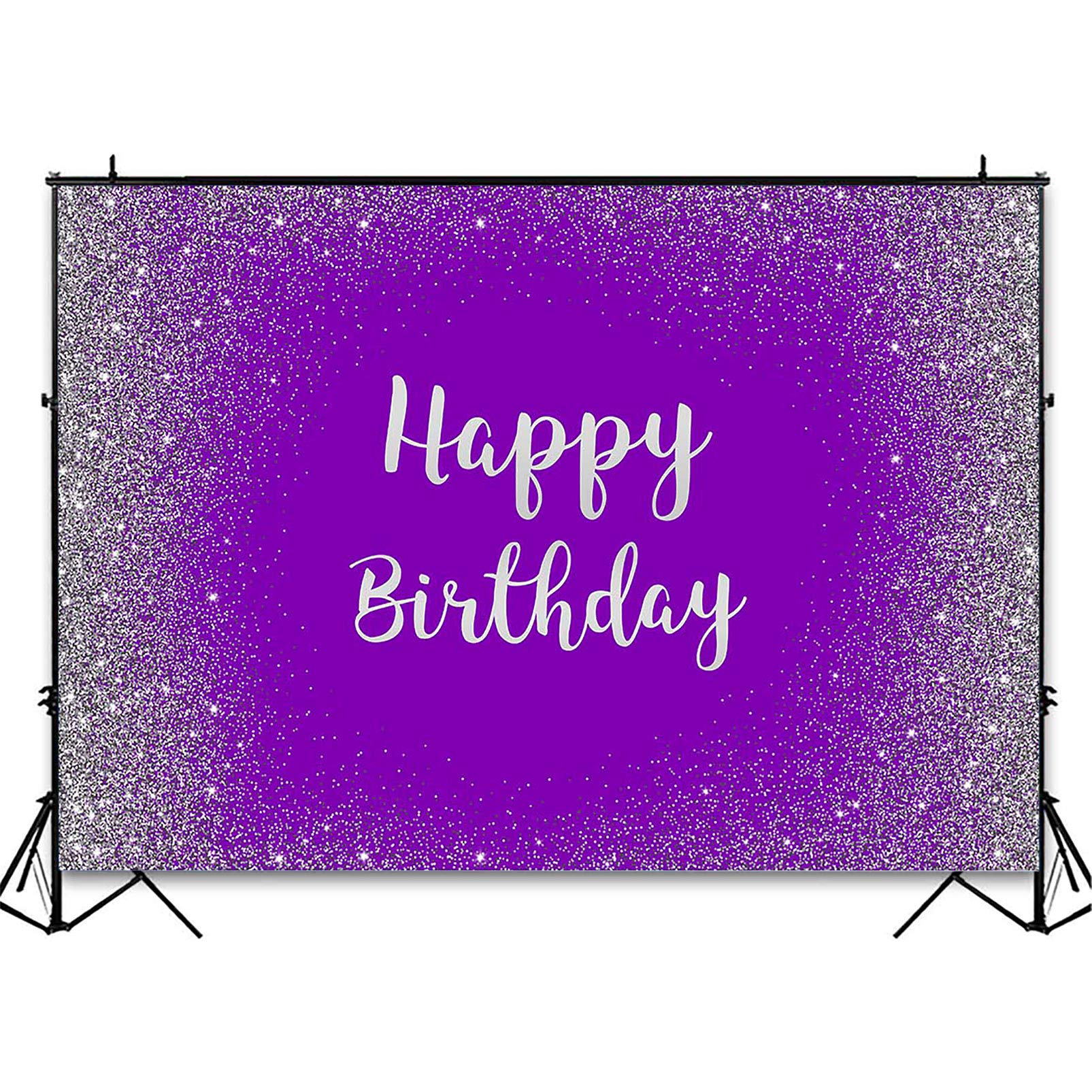 Happy Birthday Backdrop for Girls & Women - 7x5ft Purple Silver Glitter Dot Sparkle Photography Background - Perfect for Birthday Parties, Photobooth Decorations & Adult Celebrations