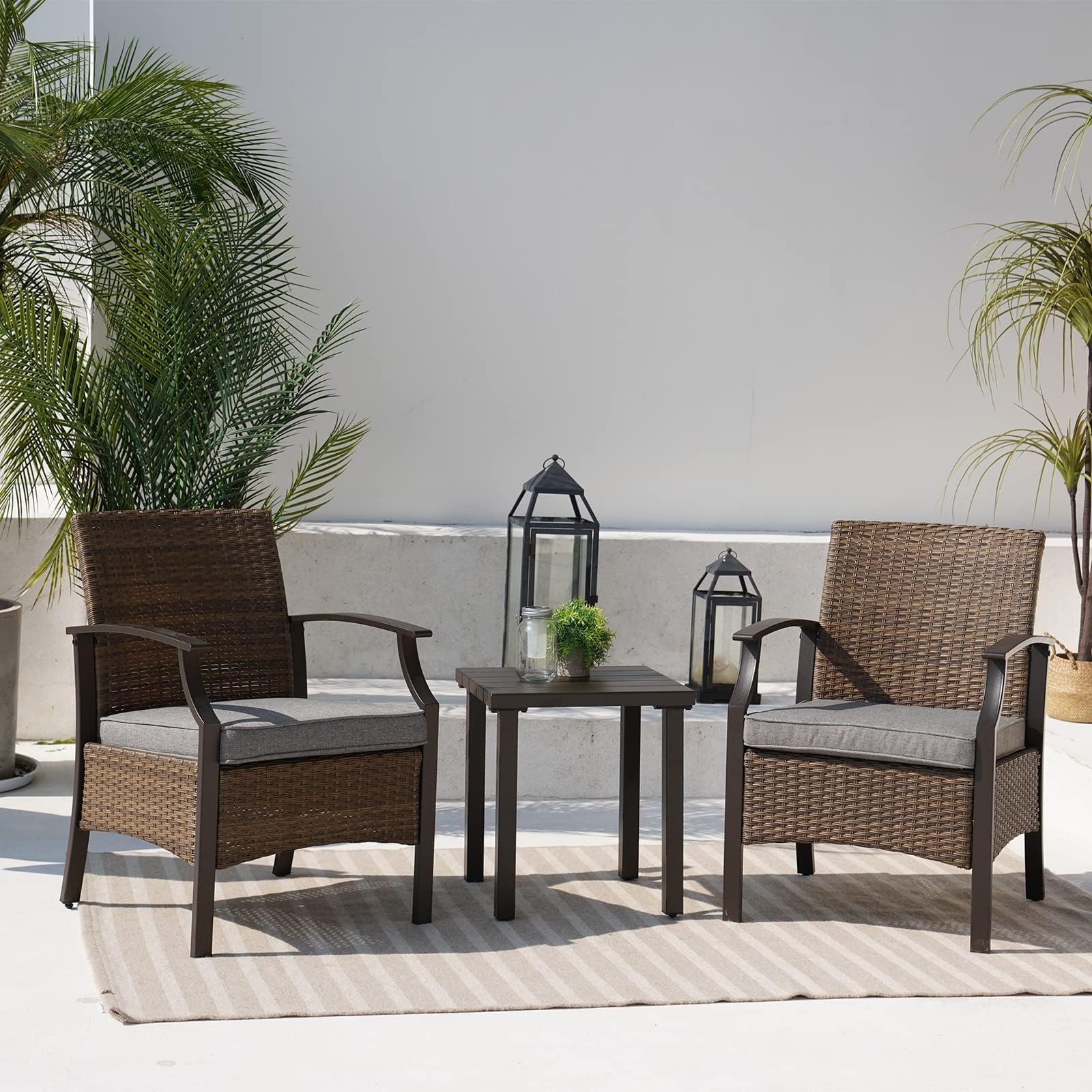 3-Piece Outdoor Patio Furniture Set - Grey Wicker Bistro Table & Chairs for Porch, Balcony, Deck | Durable All-Weather Rattan Dining Set for Small Spaces, Backyard, Garden or Poolside Relaxation