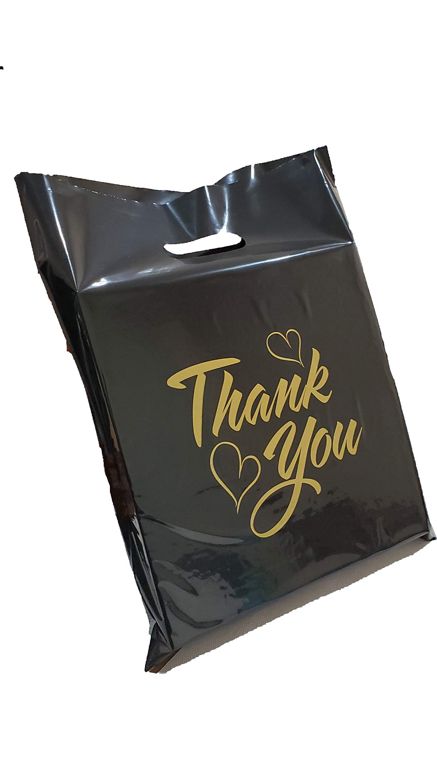 100 Pack 12x15 Inch Black Thank You Gift Bags with Die-Cut Handles & Glossy Finish - Premium Merchandise Bags for Retail Packaging, Party Favors, Wedding Favors, and Corporate Gifting