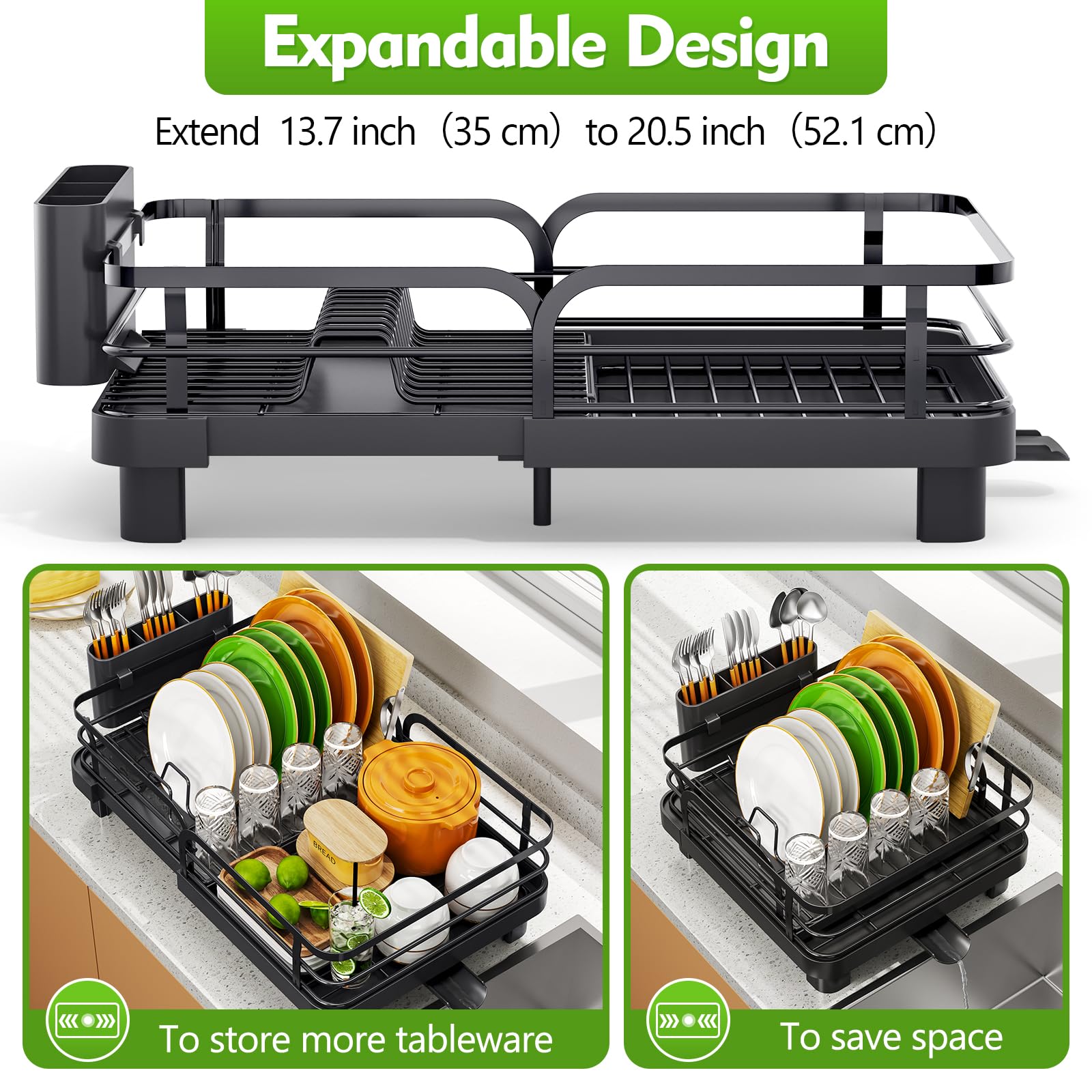 TOOLF Expandable Stainless Steel Dish Rack - Foldable Countertop Dish Drying Rack with Cutlery Holder | Space Saving Kitchen Organizer | Perfect for Small Apartments, Dorms & RV Kitchens