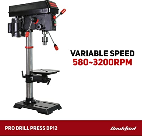 BUCKTOOL 12 Inch 6.2 Amp Professional Bench Drill Press with IIIA Laser & LED Work Light - Perfect for Woodworking, Metal Drilling & DIY Home Projects