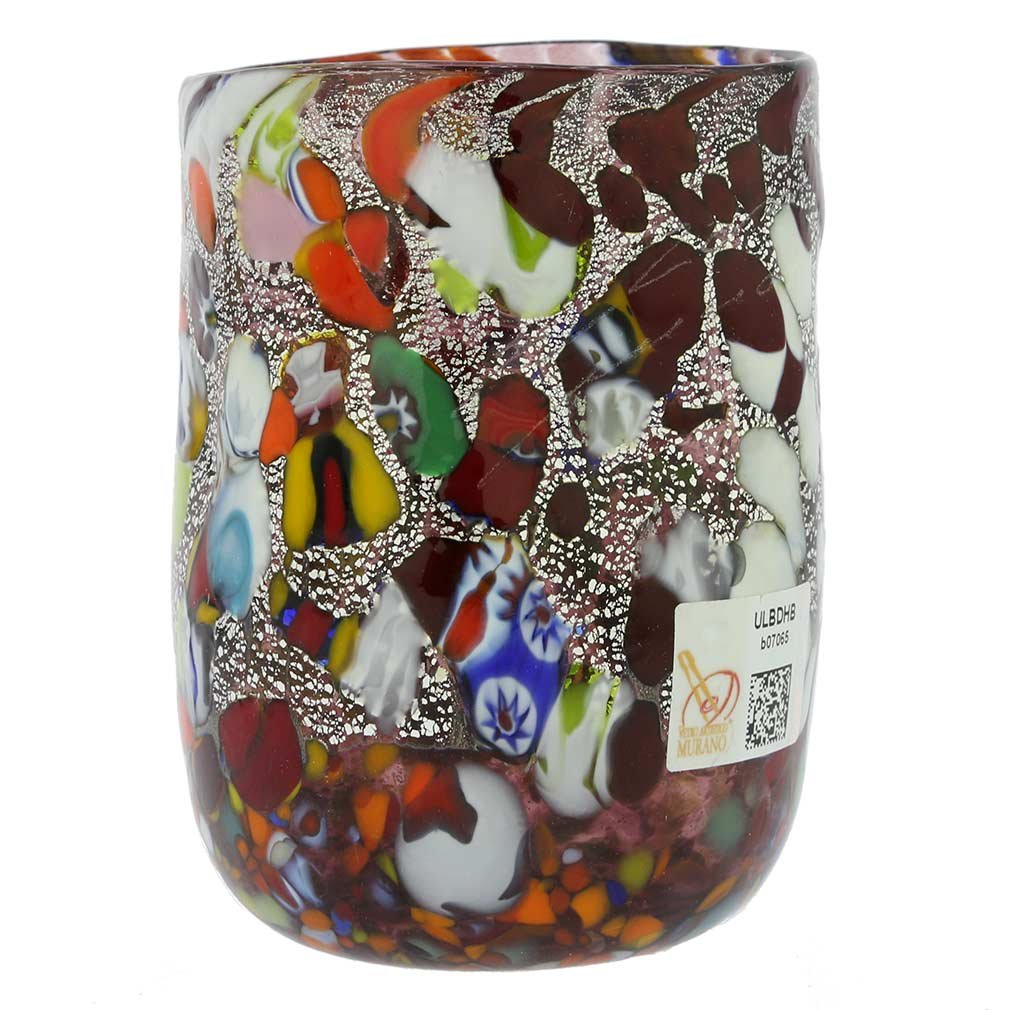 Venetian Murano Glass Drinking Cup - Handcrafted Silver Foil Millefiori Wine Glass for Elegant Dinner Parties & Home Decor