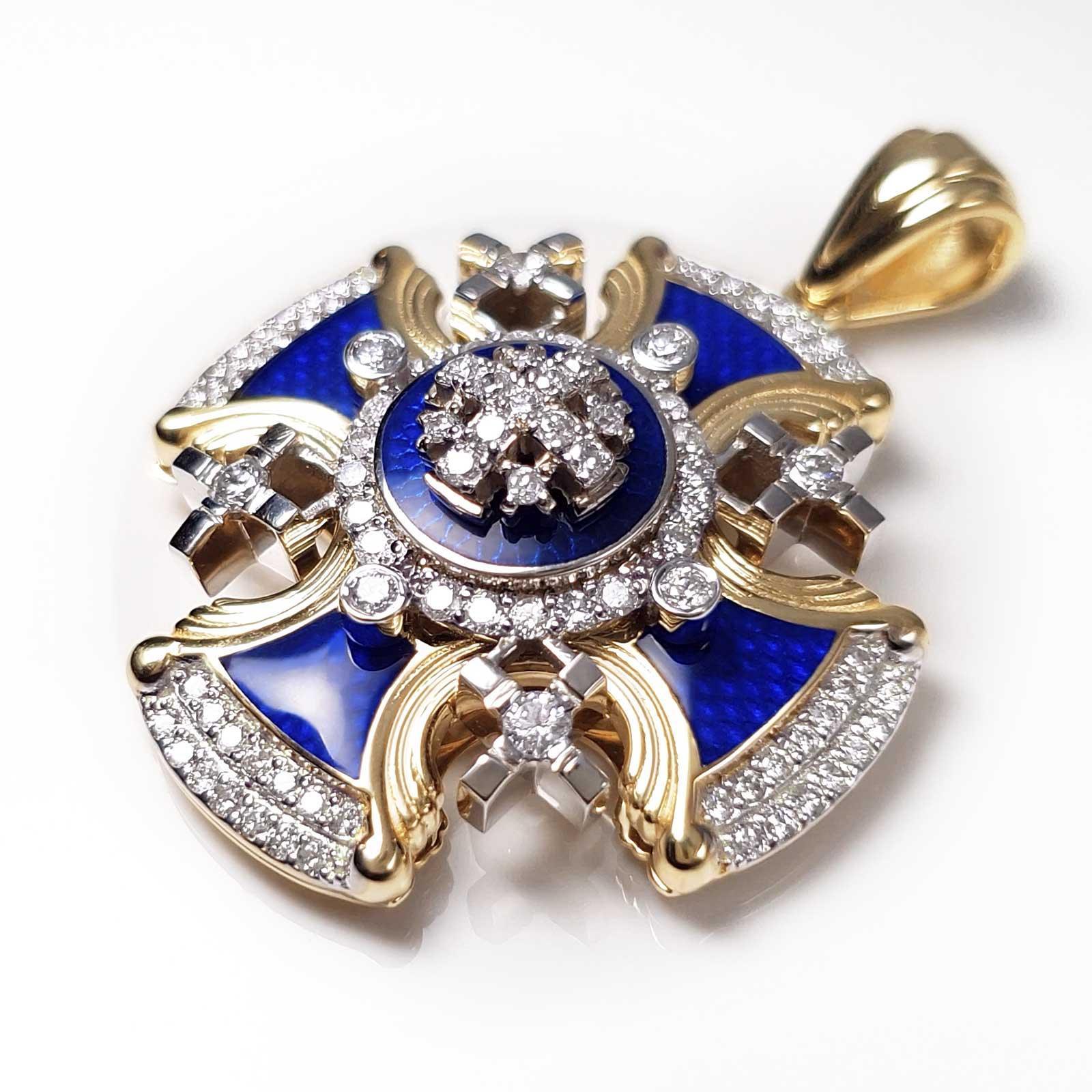 14K Gold Vintage Jerusalem Cross Pendant with Blue Enamel & Diamonds - Religious Jewelry for Women, Men - Perfect for Gifts, Baptism, First Communion & Special Occasions