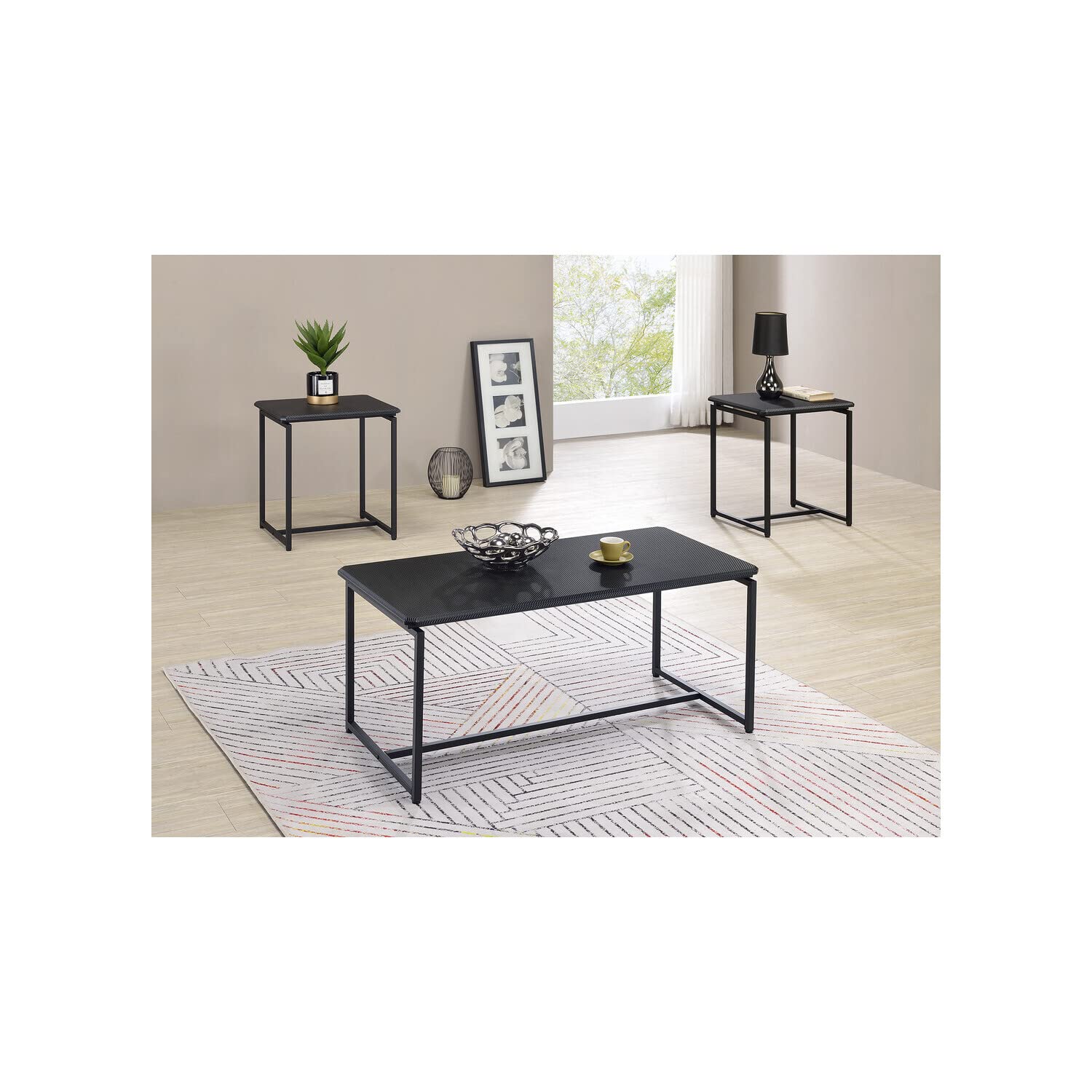 Bohemian Style 3-Piece Black Carbon Fiber Coffee Table Set with Sled Base - Adjustable Feet & Metal Frame (19