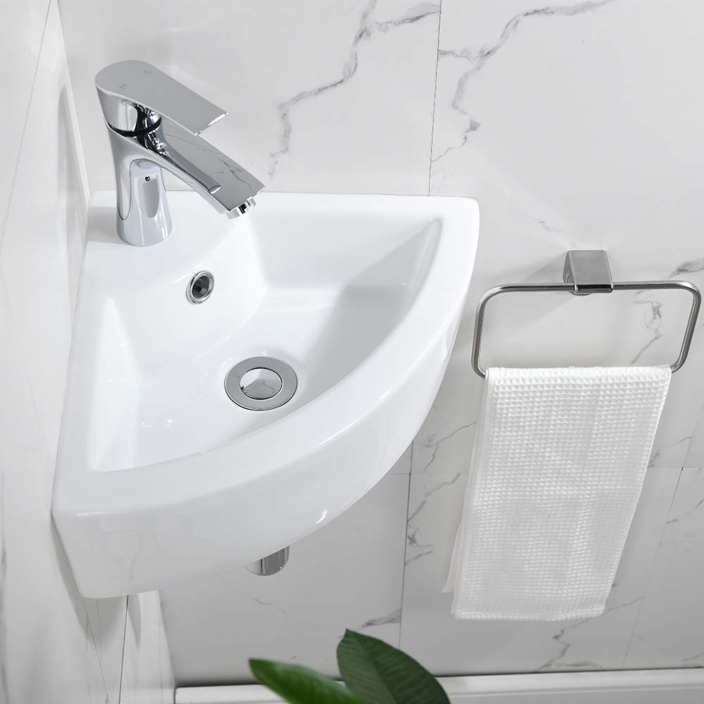 Bokaiya 18x13 Inch White Porcelain Corner Wall Mount Bathroom Sink with Overflow - Space Saving Triangle Vessel Sink for Small Bathrooms, Includes Faucet - Perfect for Apartments, Tiny Homes & Powder Rooms