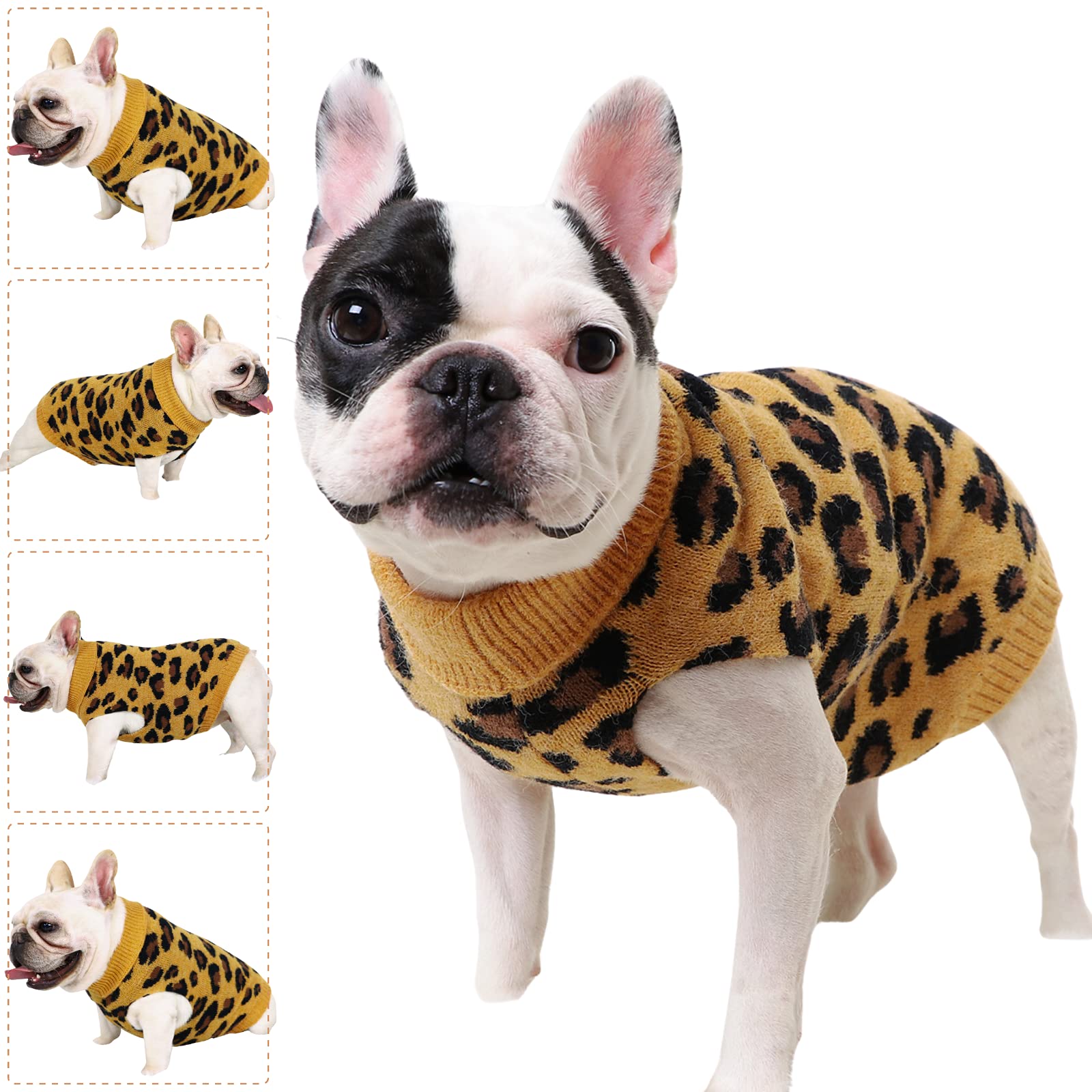 Opewod Small Dog Sweaters - Leopard Print Knitted Pet Sweater for Puppies | Soft & Warm Winter Knitwear | Perfect for Indoor & Outdoor Winter Walks