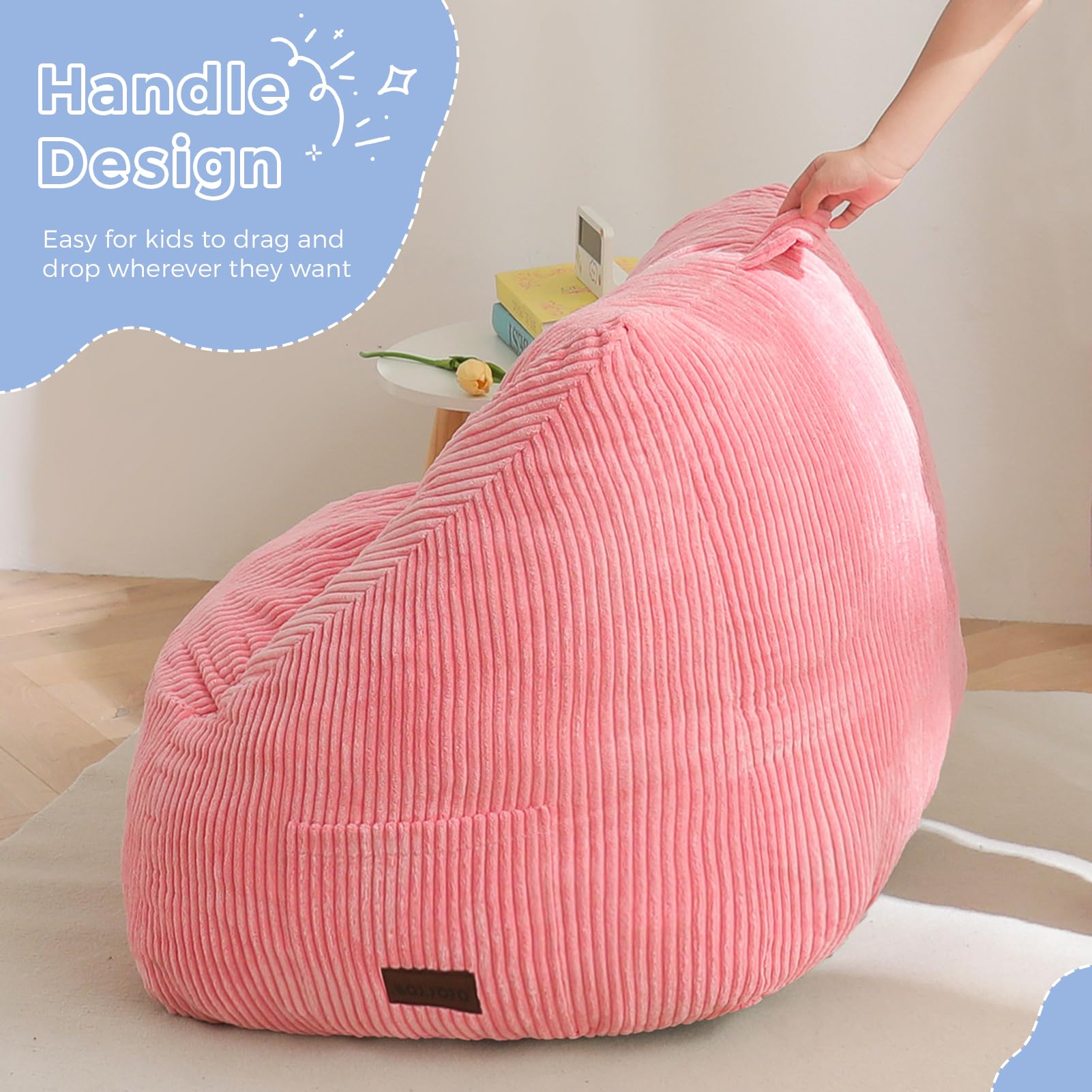 MAXYOYO Kids Bean Bag Chair - Soft Corduroy Bean Bag Couch with Handle & Storage Pocket for Gaming, Reading & Relaxing (Pink) - Perfect for Bedrooms, Playrooms & Dorm Rooms