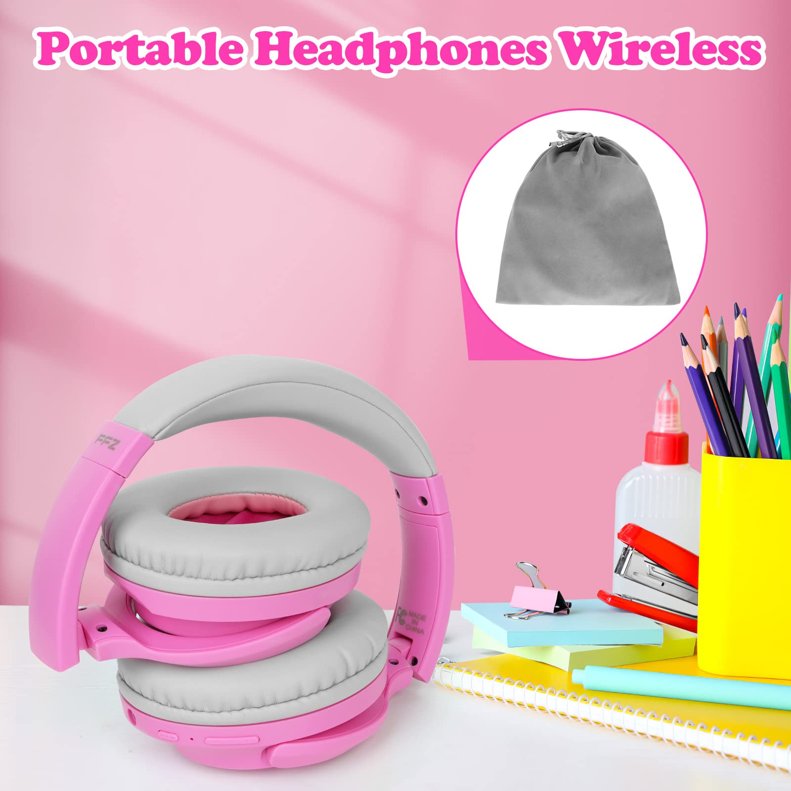 FFZ Kids Wireless Headphones with Volume Limiter - Adjustable Over-Ear Bluetooth 5.3 Headphones with Built-in Mic for Boys & Girls - Safe for School, Travel, iPad, Tablet & PC Use (Pink) - Perfect for Online Learning, Airplane Rides & Home Entertainment