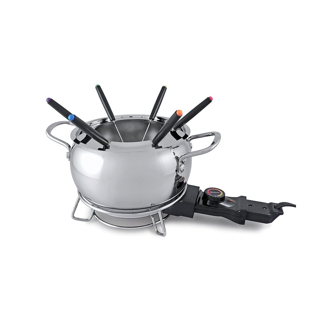 Swissmar Mont Brule 9-Piece Electric Fondue Set - Stainless Steel Cheese & Chocolate Melter with Adjustable Temperature - Perfect for Parties, Family Gatherings & Romantic Dinners