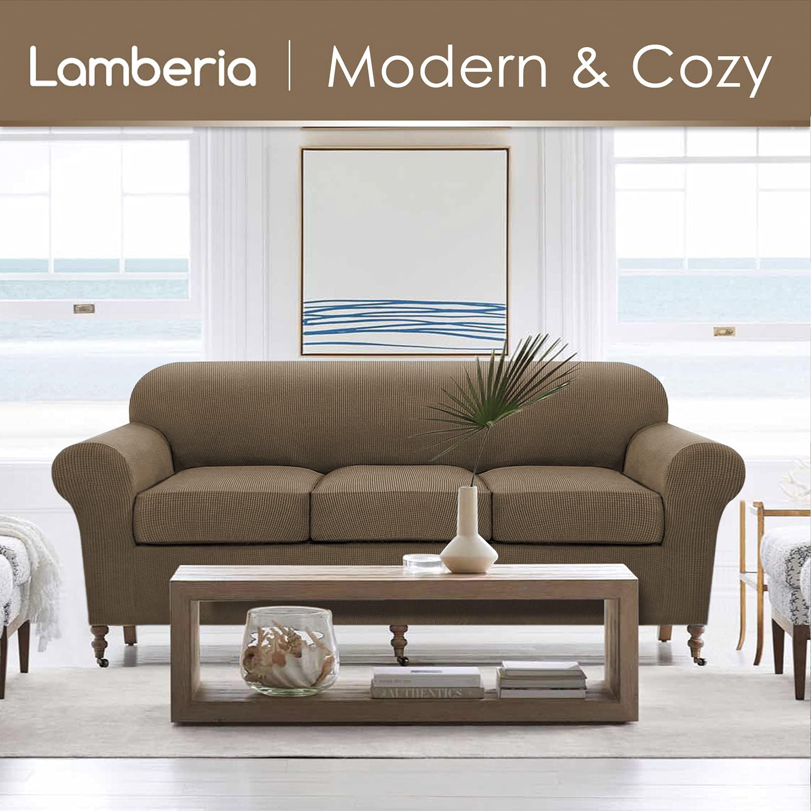 Lamberia Stretch Sofa Cover 3-Piece Set for 2 Cushion Couch & Loveseat - Thick Washable Plush Jacquard Slipcover - Furniture Protector for Pets, Kids & Dogs - Perfect for Living Room, Family Room & Home Decor
