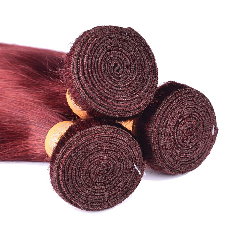 WOME Light Wine Red Hair Extensions - 3 Bundles Peruvian Virgin Human Hair #33 Silky Straight Wefts (12