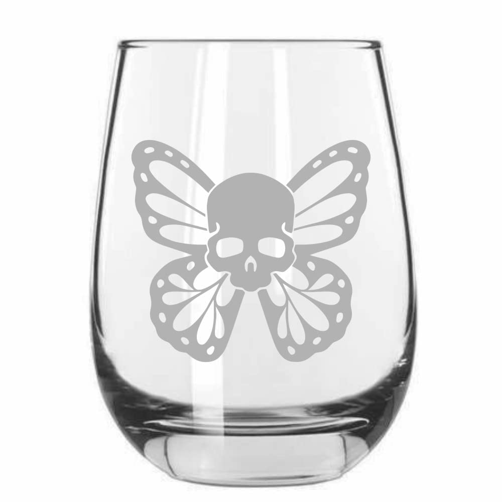 Happy Halloween Butterfly Skull Wine Glass - 15.25oz Stemless for Parties