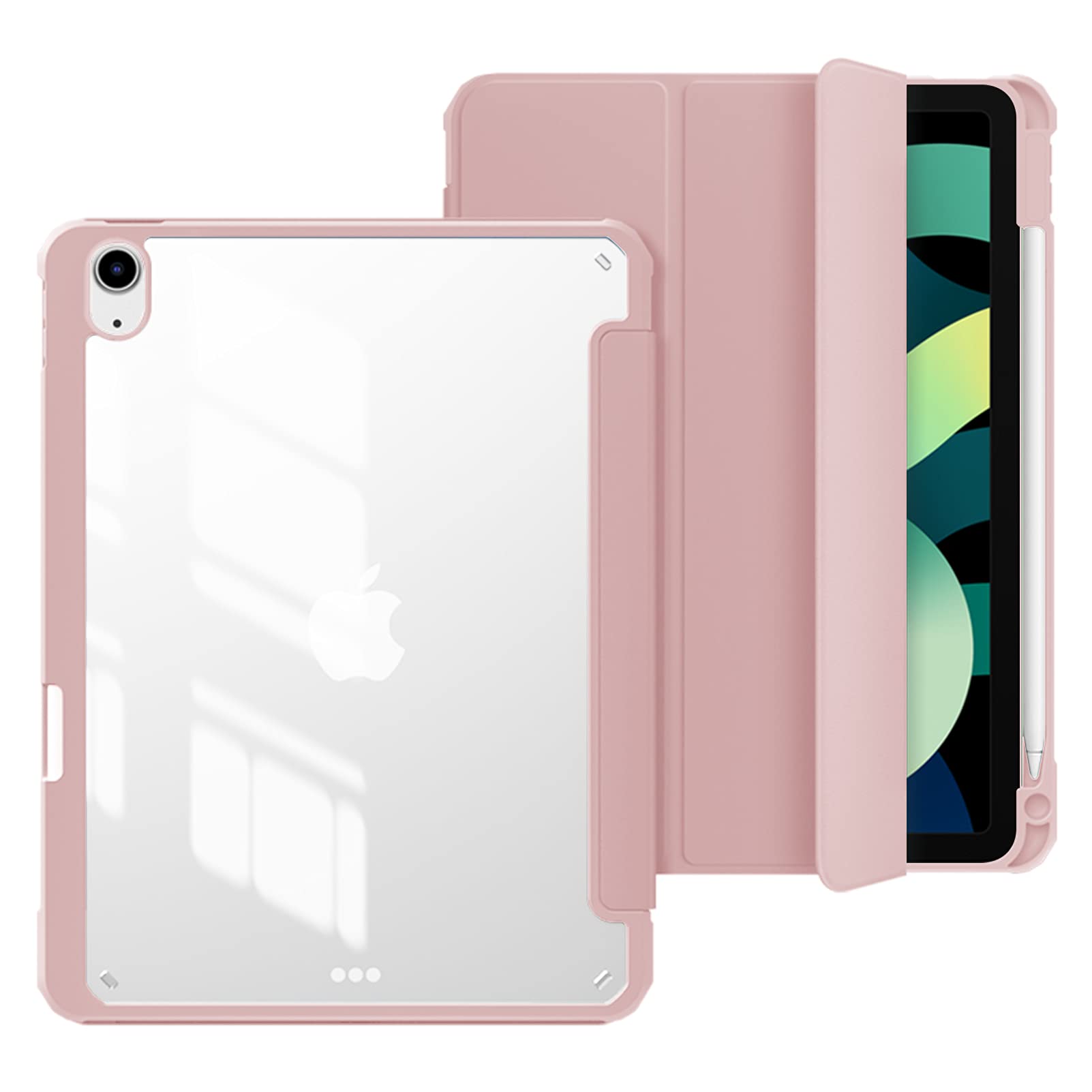 Premium Ultra Slim Lightweight Trifold Stand Smart Cover Case for iPad Air 5th/4th Generation (2022/2020) 10.9 Inch - Clear Transparent with Pencil Holder & Auto Sleep/Wake - Baby Pink | Perfect for Work, Study & Travel Protection