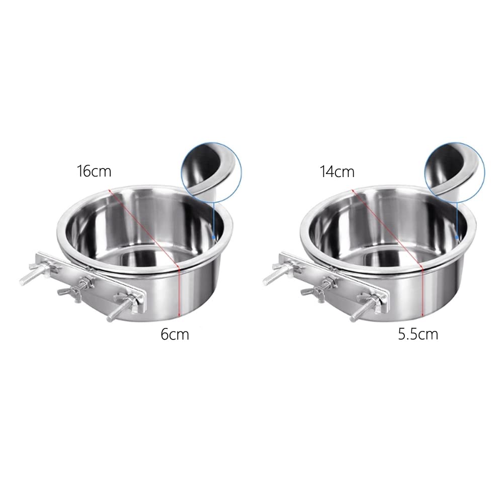 Stainless Steel Hanging Pet Bowl Set - 2 Pack Quick Lock Food & Water Bowls for Dogs, Cats, Birds, Guinea Pigs, Rabbits & Chicken Coops (14-16cm) - Perfect for Kennels, Cages & Crates - Durable & Easy-Clean Silver Pet Dishes