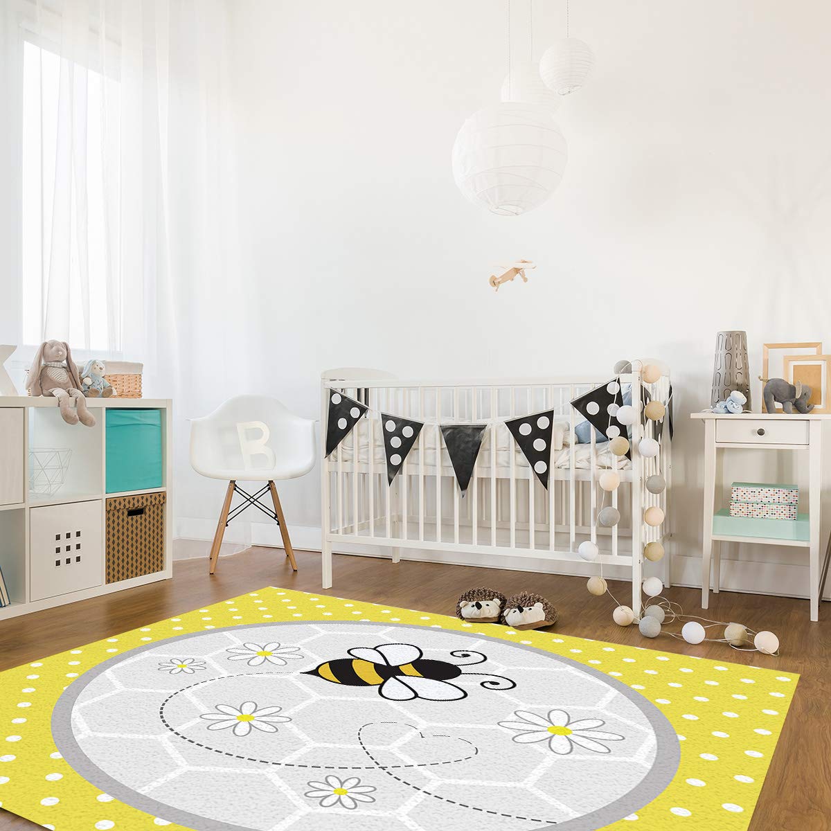 5'x8' Bee and Daisy Area Runner Rug - Washable Indoor/Outdoor Carpet for Kitchen, Living Room, Bathroom, Bedroom, Classroom & Laundry Room - Yellow Polka Dot Grey Honeycomb Welcome Mat for Entryway, Office Desk & Front Door Decor