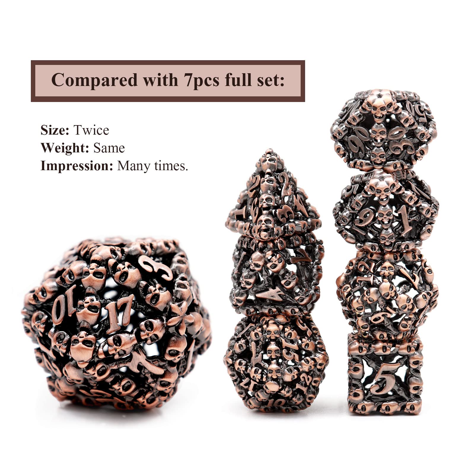 Haxtec 40mm Oversized Metal Hollow D20 Dice Set - Large Skull Design 20-Sided Polyhedral RPG Dice for DND, Dungeons & Dragons, Pathfinder - Includes PU Leather Dice Bag - Perfect for Tabletop Gaming, RPG Enthusiasts & Unique Gift (Antique Copper)