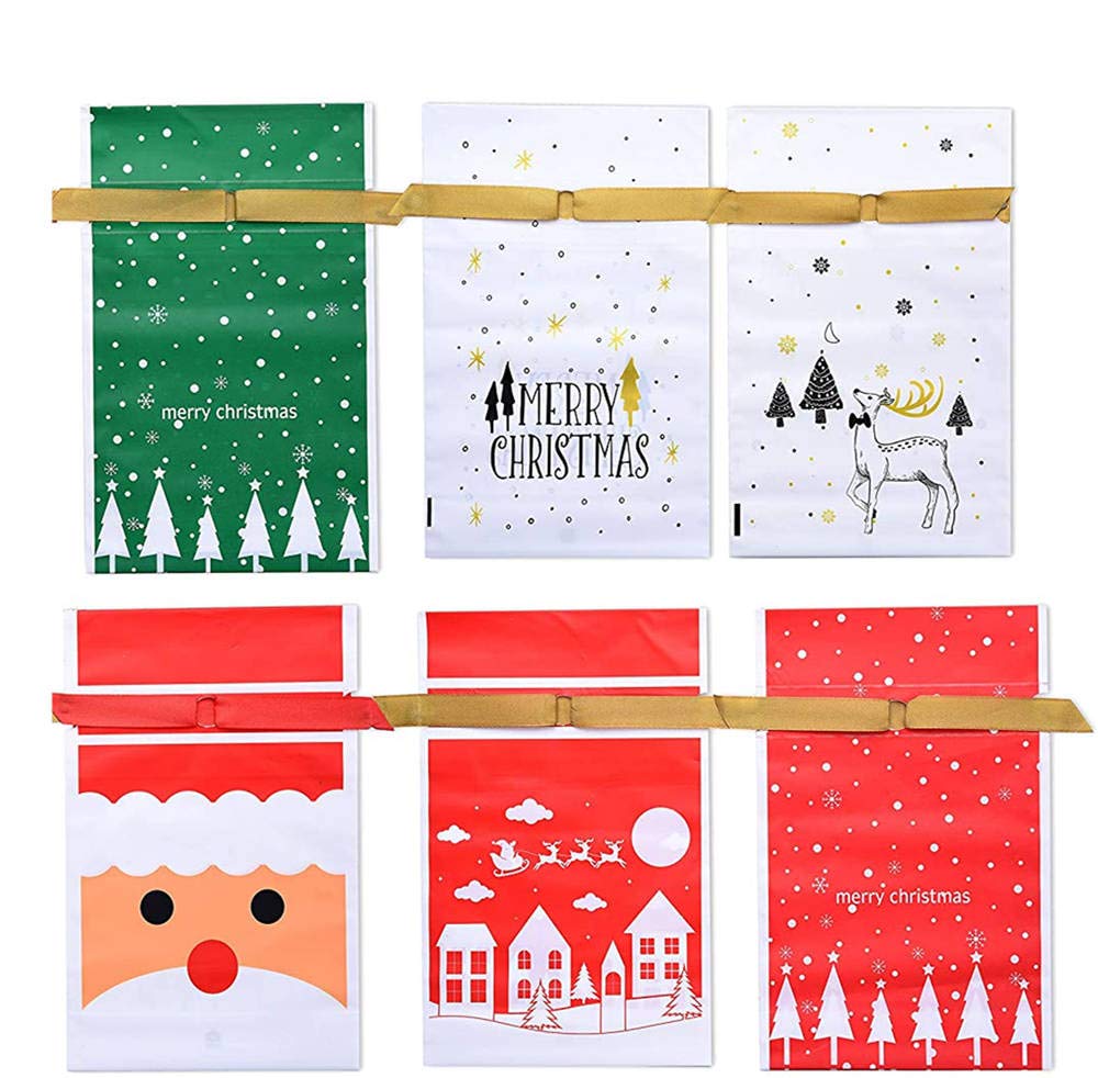 50 Pcs Christmas Candy Treat Bags - Plastic Drawstring Gift Bags for Holiday Party Favors, Birthday Snacks, Wedding Favors & Xmas Goodies (Green Tree Design) - Perfect for Christmas Parties, Classroom Treats & Gift Wrapping