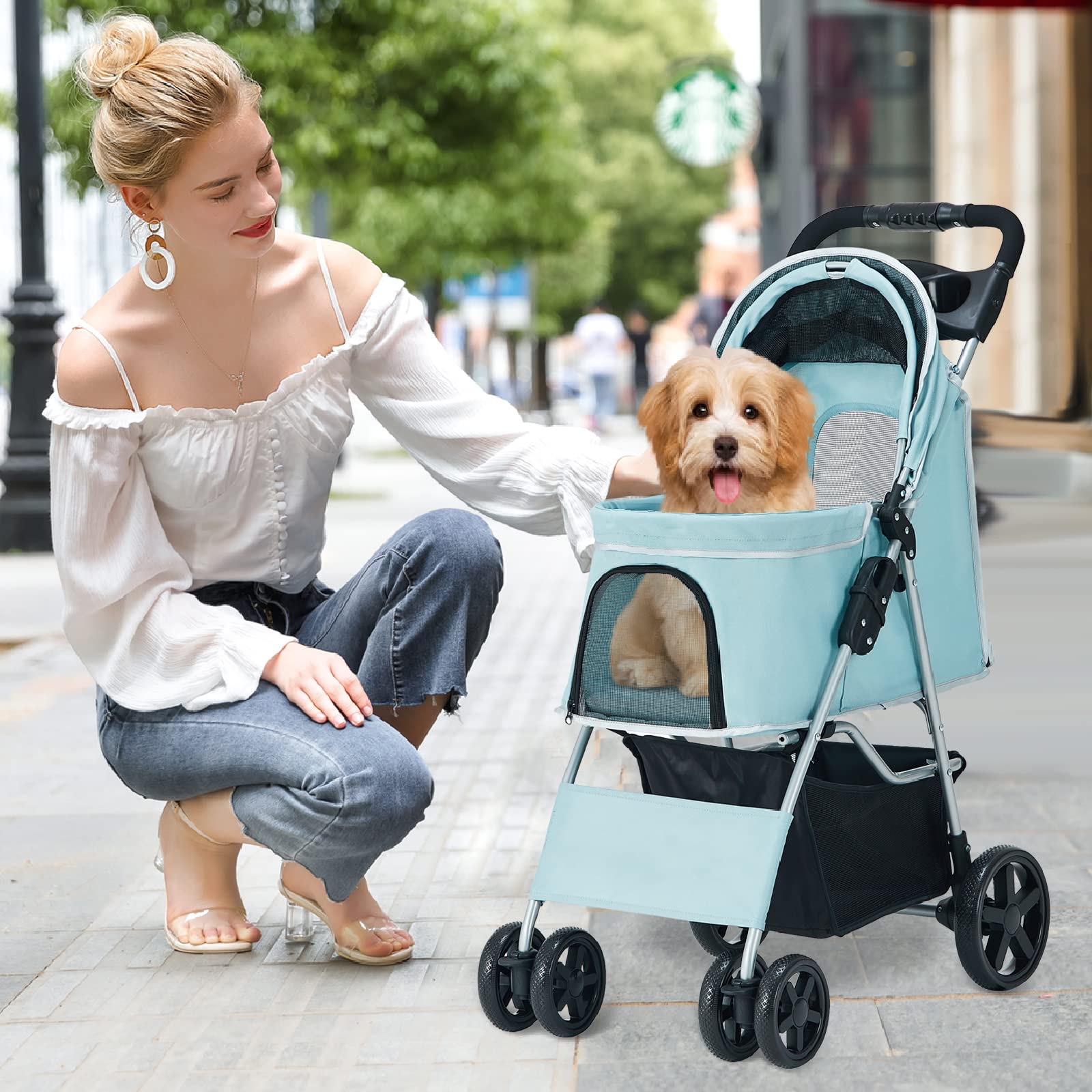 Premium Folding Pet Stroller for Small & Medium Dogs & Cats - 4-Wheel Light Blue Jogger with Cup Holder & Storage Basket | Perfect for Outdoor Walks, Shopping & Vet Visits