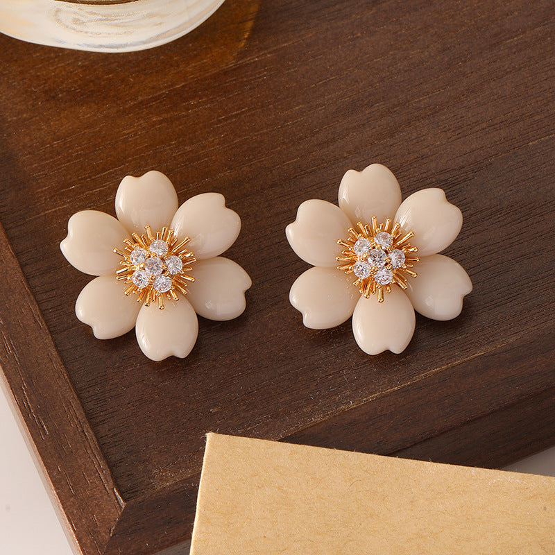 Elegant Light Beige Floral Earrings with Zircon Stones | DMS319 | Perfect for Weddings, Parties & Special Occasions