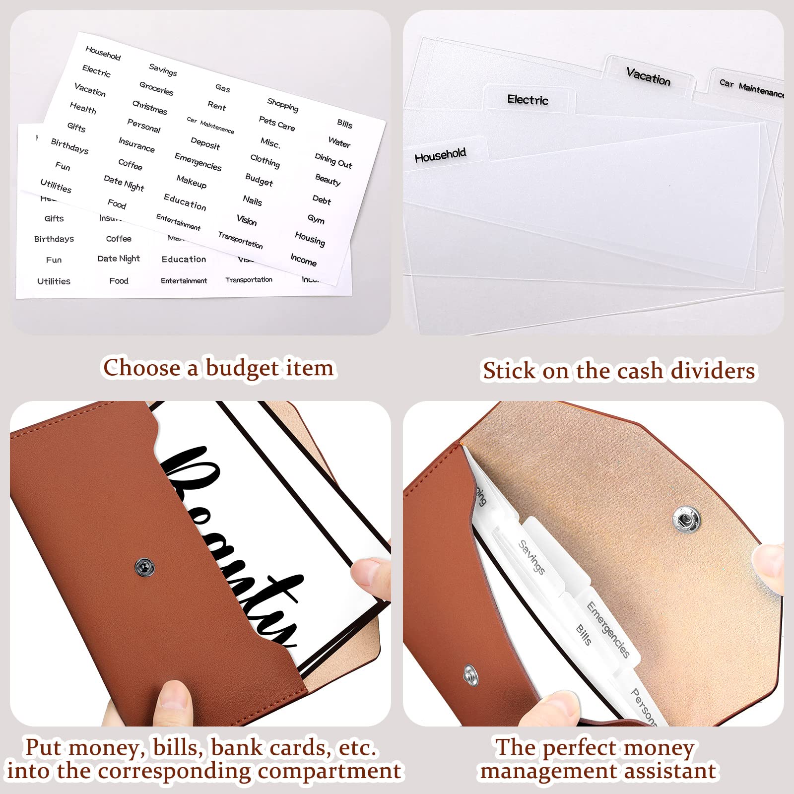 Frienda 11-Piece Cash Envelope Wallet Set - Premium PU Leather Reusable Budget Organizer with Dividers for Bills & Money Management (Brown) - Perfect for Personal Finance, Cash Stuffing & Dave Ramsey Envelope System