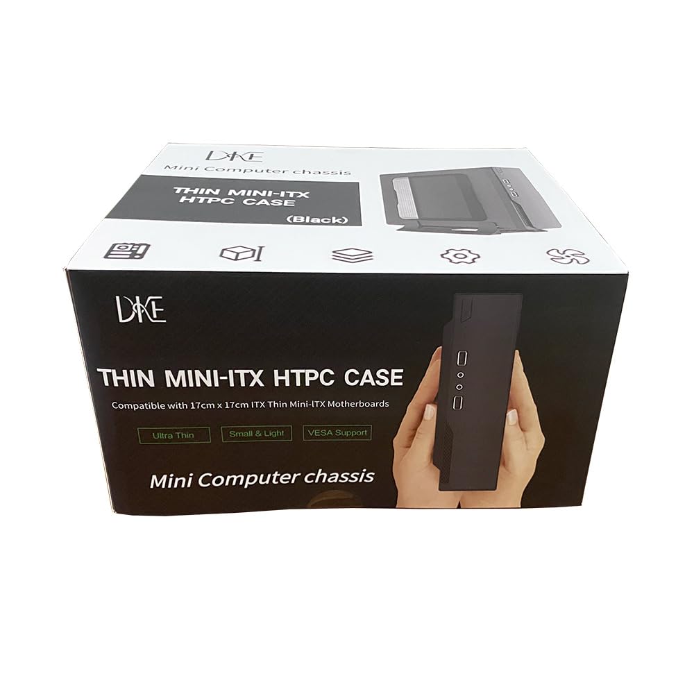 Compact Thin Mini ITX Computer Case - HTPC Chassis for ASUS, Gigabyte, MSI, ASRock & OTAC 17x17cm ITX Motherboards - Includes Desktop Holder & VESA Mount (Black) - Perfect for Home Theater PCs, Office Workstations & Space-Saving Gaming Rigs