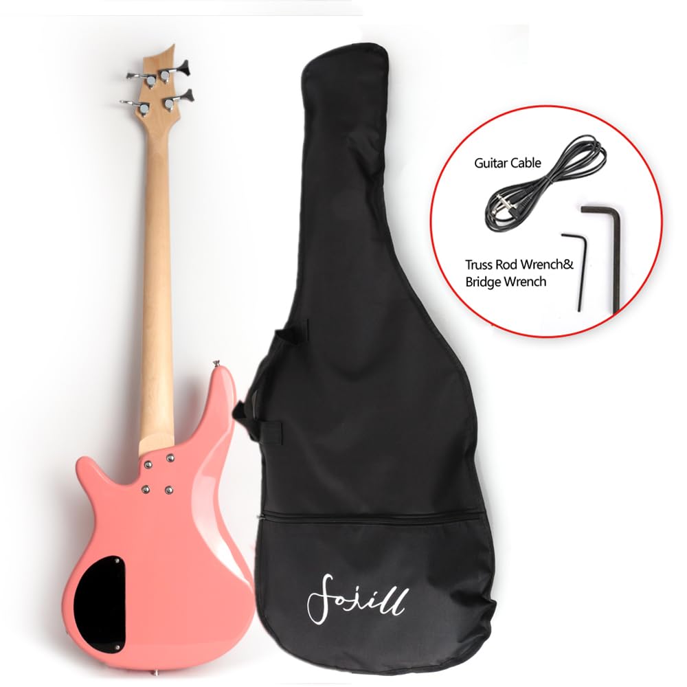 Full Size FBIB-60 Electric Bass Guitar 4 String Right Handed with Gig Bag (Pink) - Perfect for Beginners, Live Performances & Studio Recording