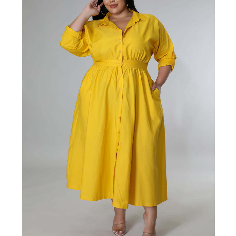 Plus Size Solid Color Long Sleeve Shirt Dress for Women - Casual Office Wear & Everyday Outfit