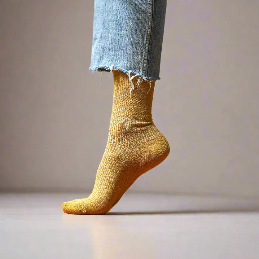 KLUE Glitter Lurex Socks for Women - Mustard Gold Shimmer Party Socks | Perfect for Christmas, New Year, and Holiday Celebrations
