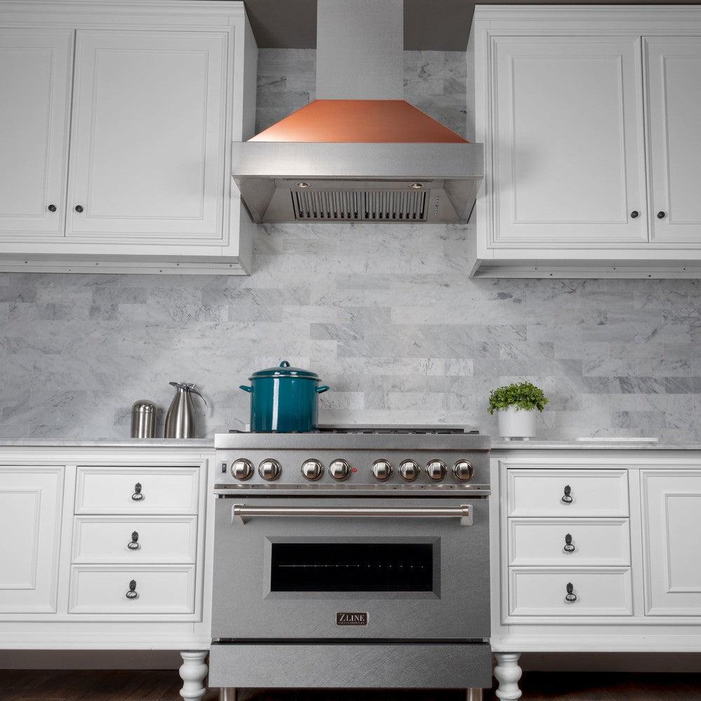 ZLINE 36 Inch Ducted Wall Mount Range Hood - Satin Stainless Steel with Copper Shell (8654C 36) | Powerful Kitchen Ventilation for Gas Stoves & Cooking Smoke Removal