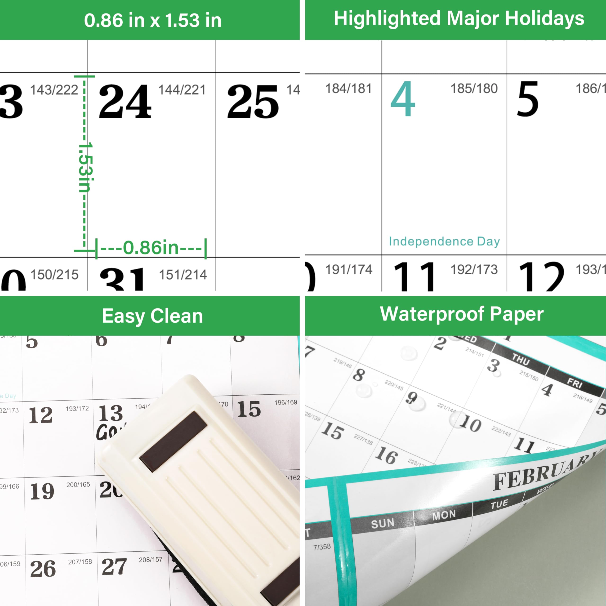 2024-2025 Dry Erase Wall Calendar - 12 Month Reusable Whiteboard Calendar from July 2024 to June 2025 with Julian Dates | Perfect for Office, Classroom & Home Planning | Green Design