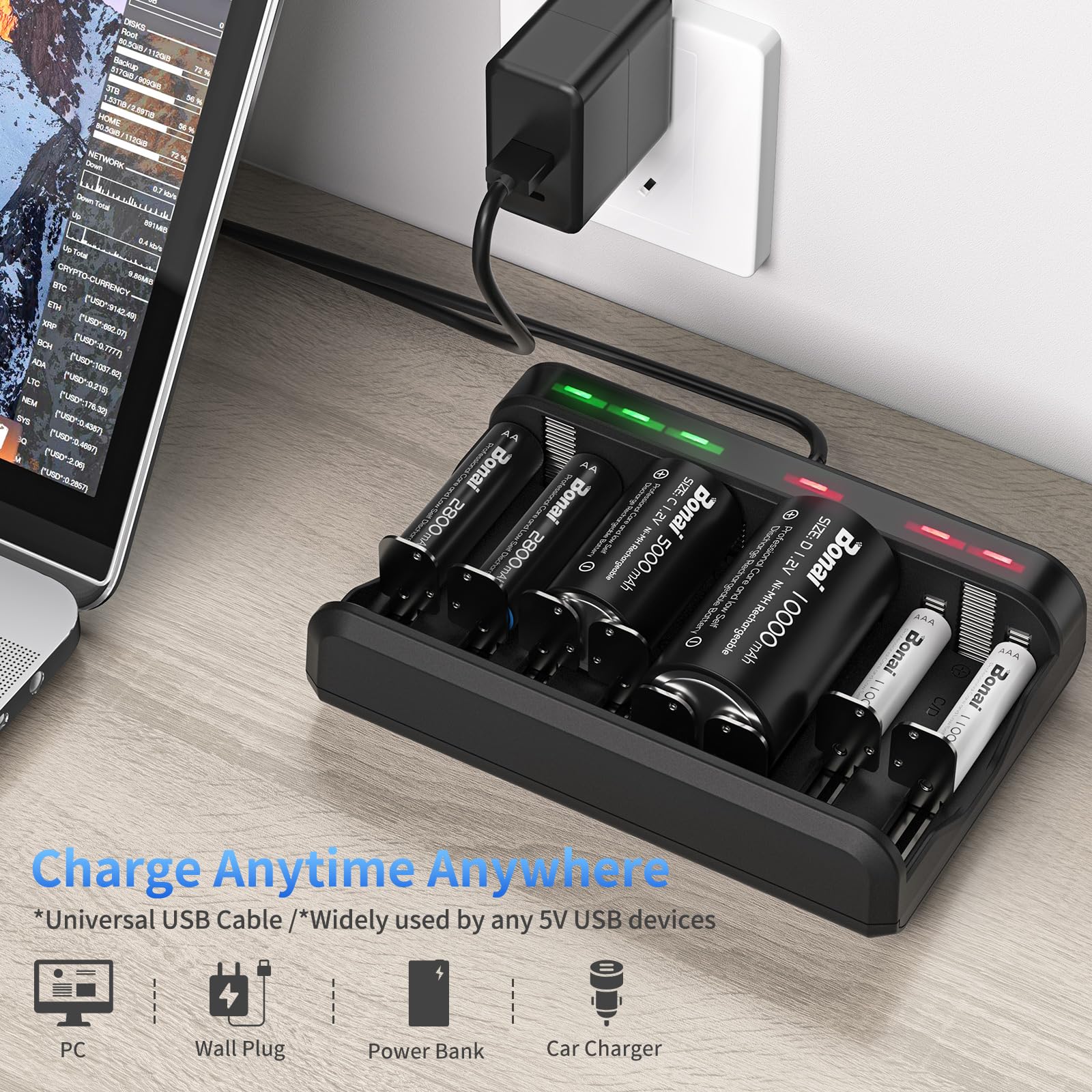 BONAI 8-Slot LED Universal USB Battery Charger for AA AAA C D Ni-MH Ni-CD Rechargeable Batteries - Perfect for Home, Office, Travel & Emergency Power Supply