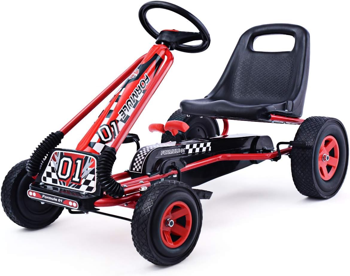 **HONEY JOY Kids Go Kart - 4 Wheel Off-Road Pedal Car with Steering Wheel, Adjustable Seat, 2 Safety Brakes & EVA Tires - Outdoor Ride-On Toy for Boys & Girls - Perfect for Backyard, Park & Driveway Fun (Red)**